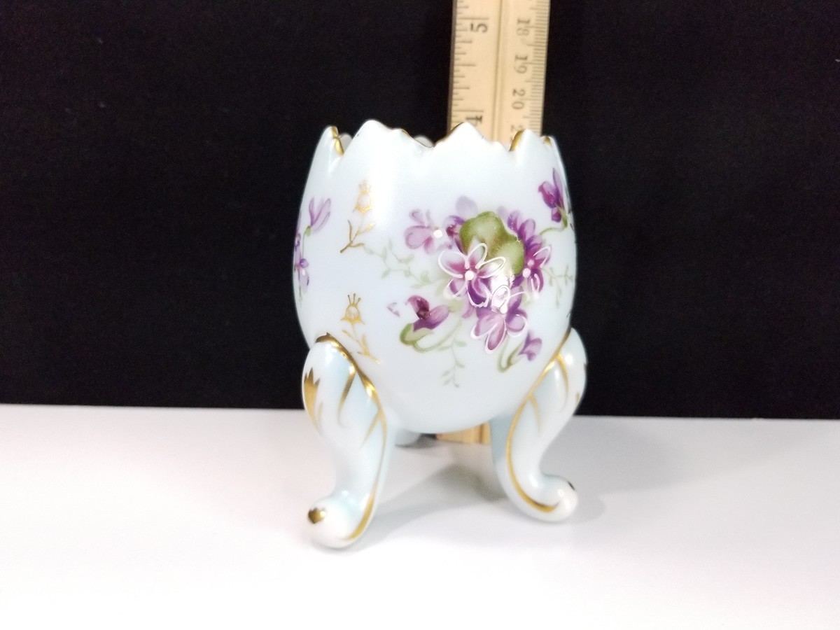 Vintage 3 Footed Cracked Egg 4” Vase Trinket Dish Hand Painted Floral