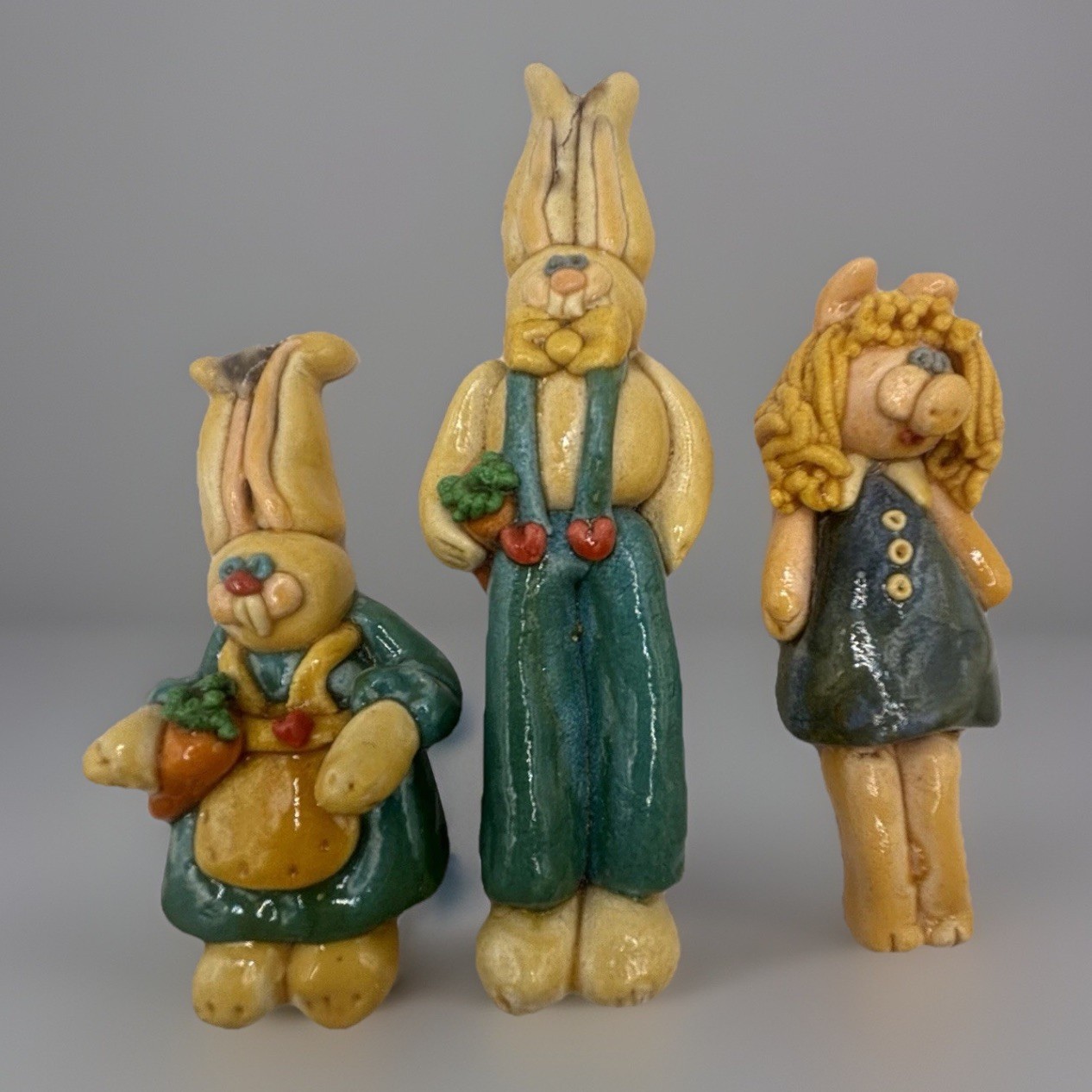 3 VTG Handmade OOAK Christmas Easter Ornaments Piggy & 2 Rabbits