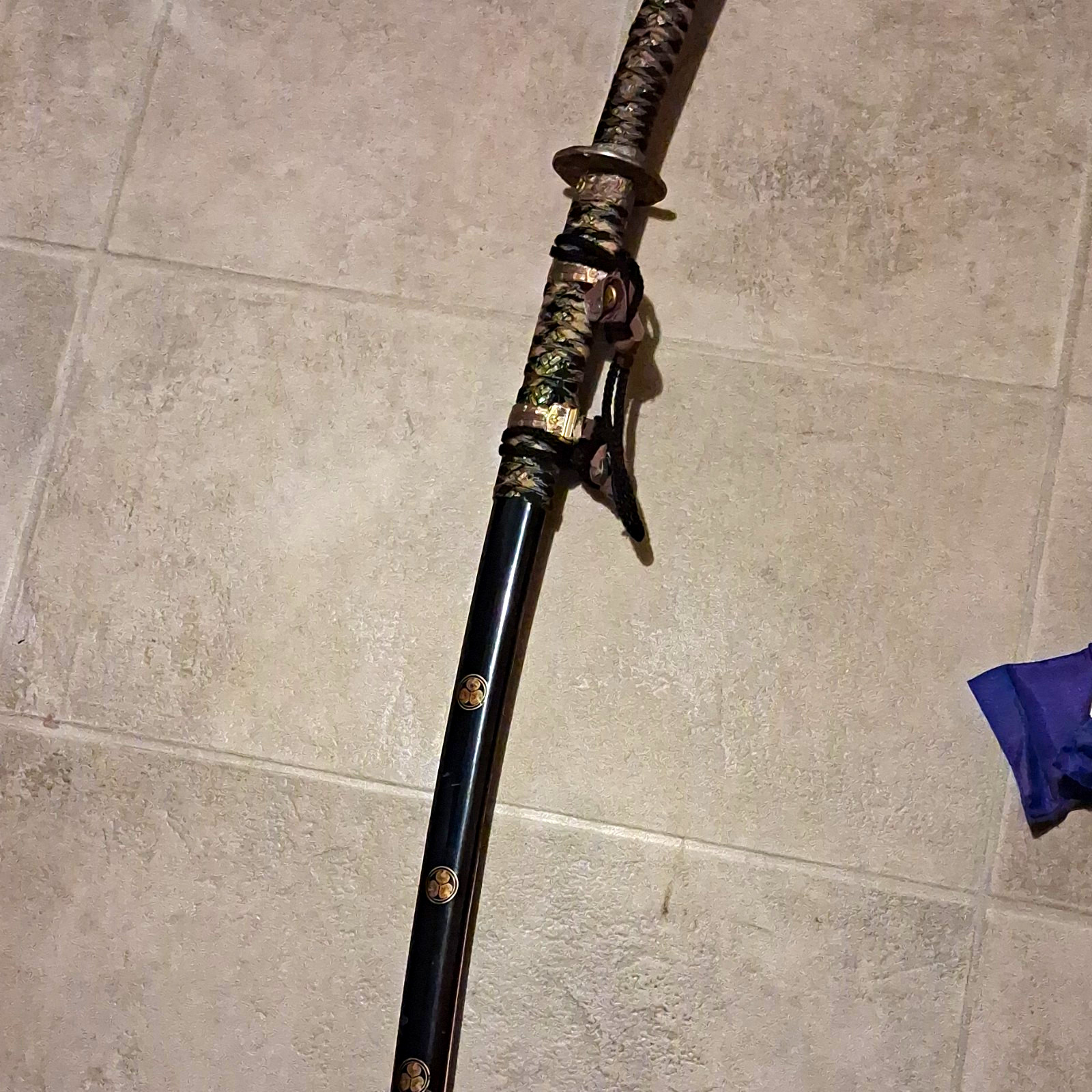Japanese Style Samurai Katana Steel Blade, Cord Handle, Black Scabbard, Hidden