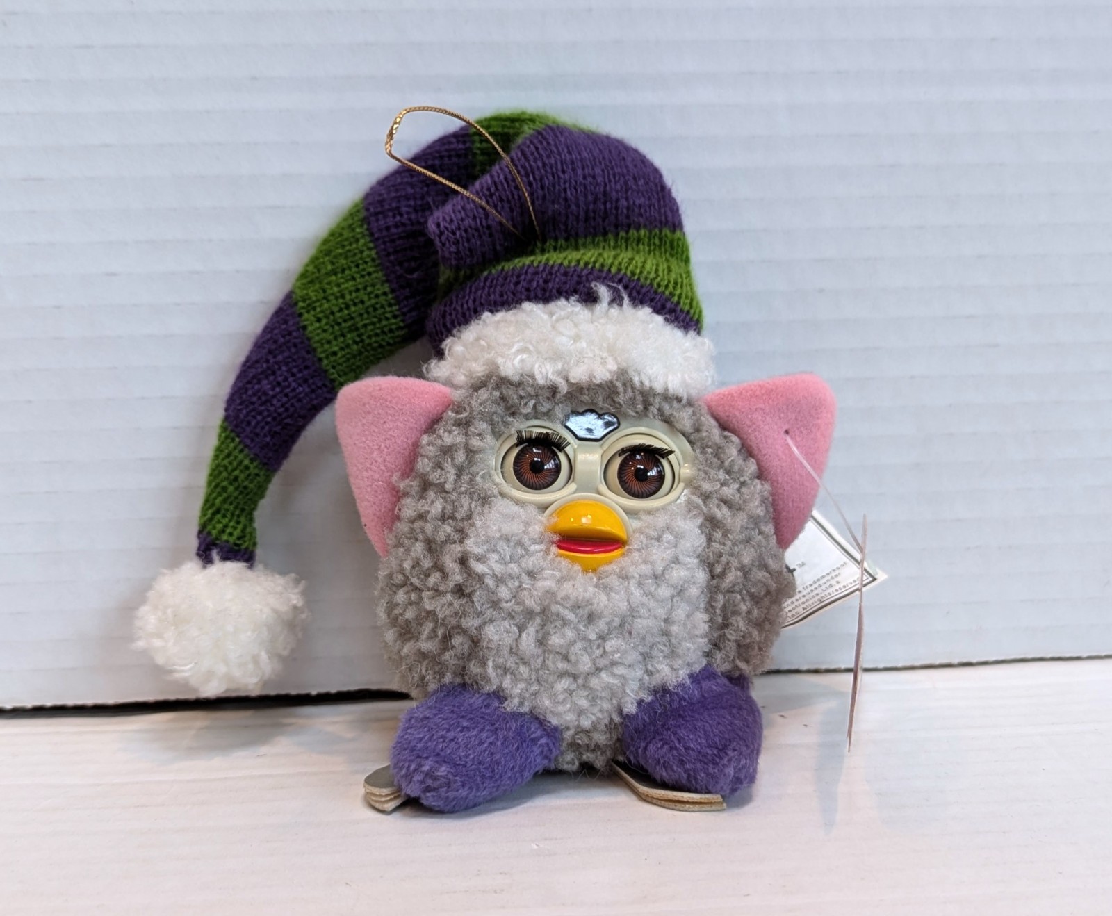 1999 – 4” Gray Grey Furby Christmas Ornament – Purple Skates Green Striped Hat