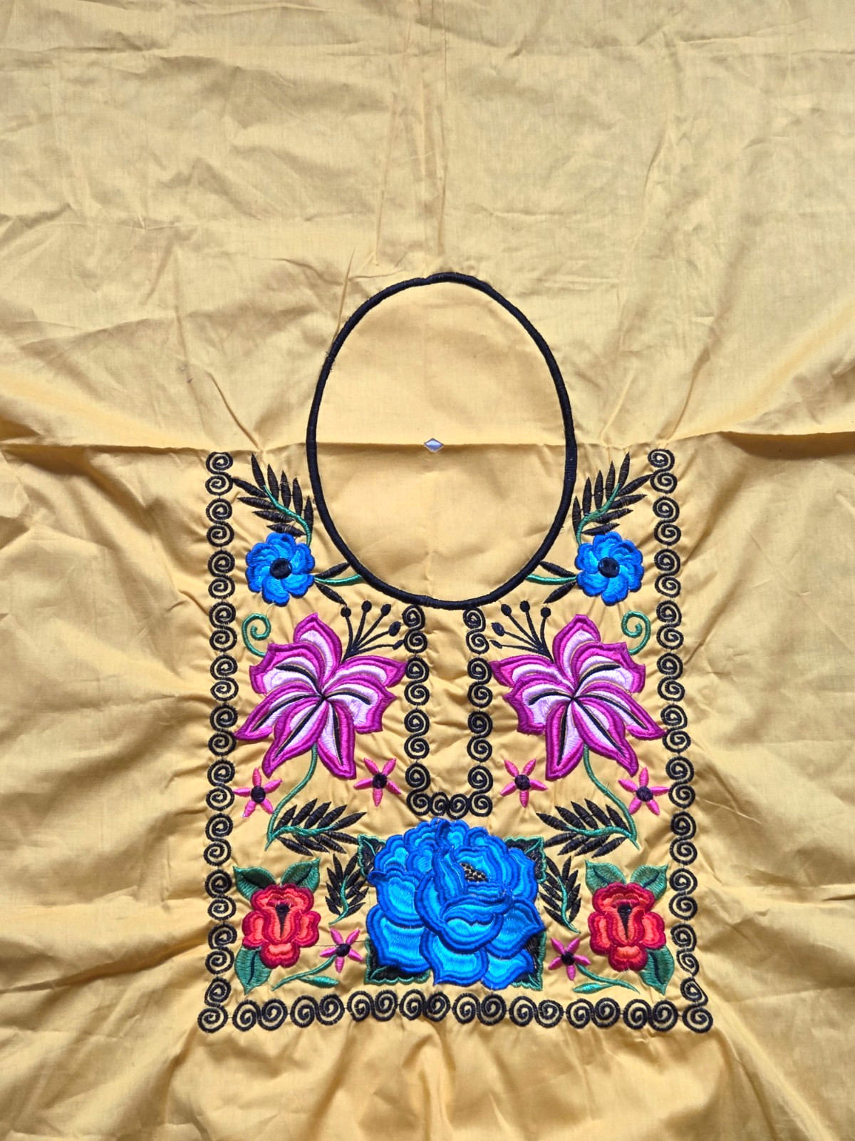 Floral Embroidered Piece of Fabric Unfinished Lily Peony Yellow