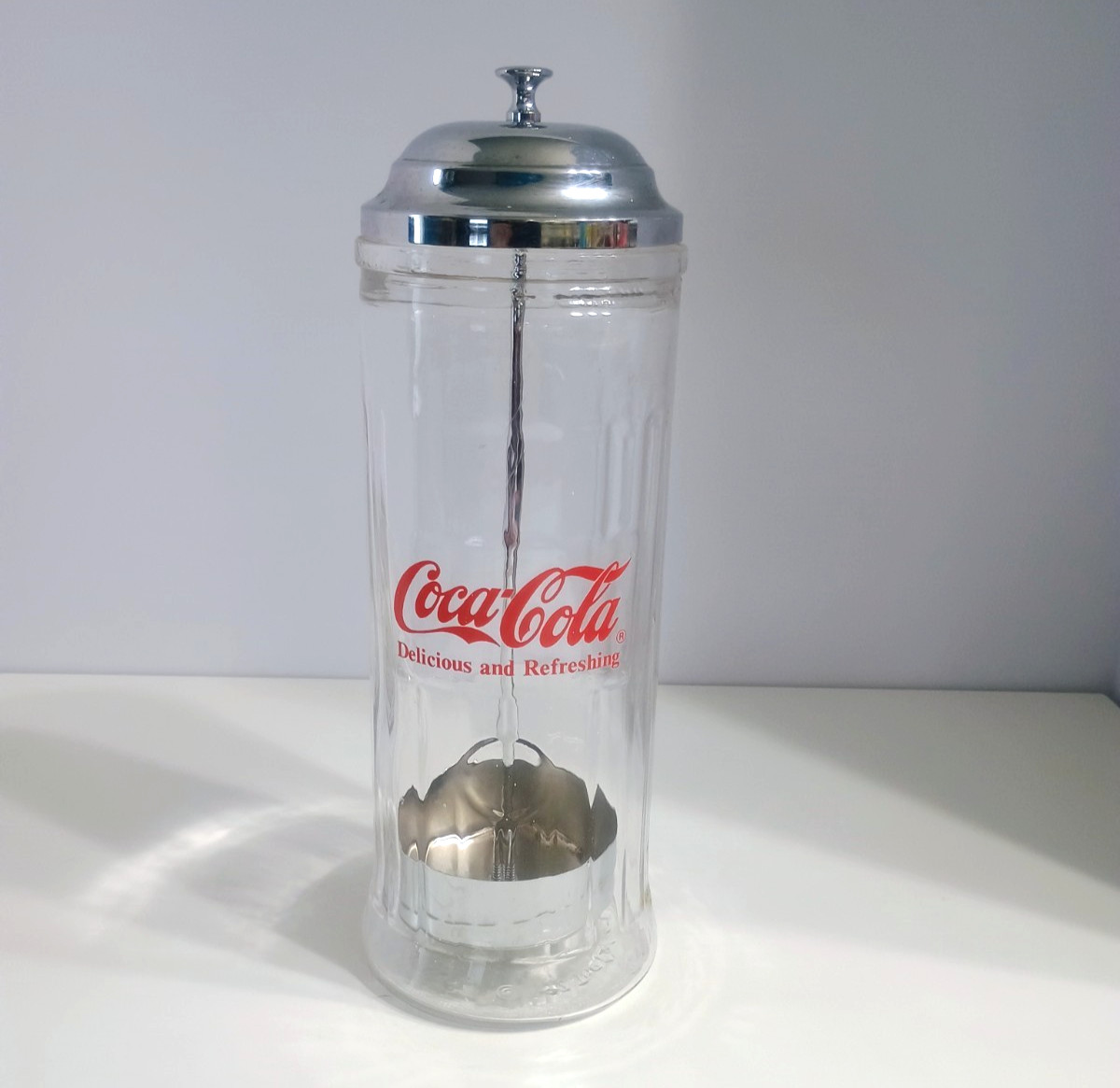 VTG Coca-Cola Heavy Glass Diner Chrome Lid Straw Holder Dispenser 1992 Coke