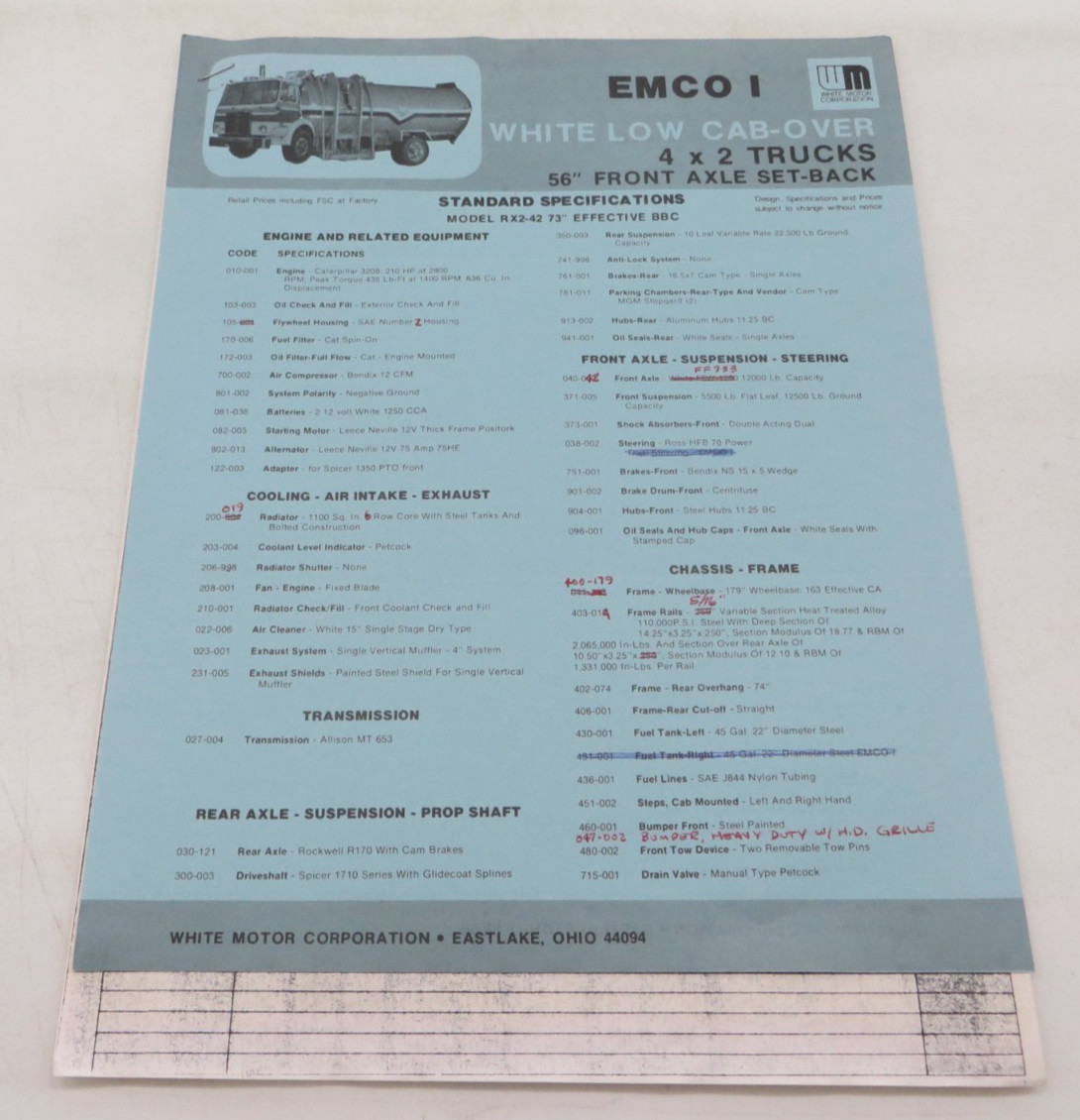 WHITE EMCO I GARBAGE TRUCK LOW CAB-OVER 4×2 Vintage Order Data Spec Sheet info