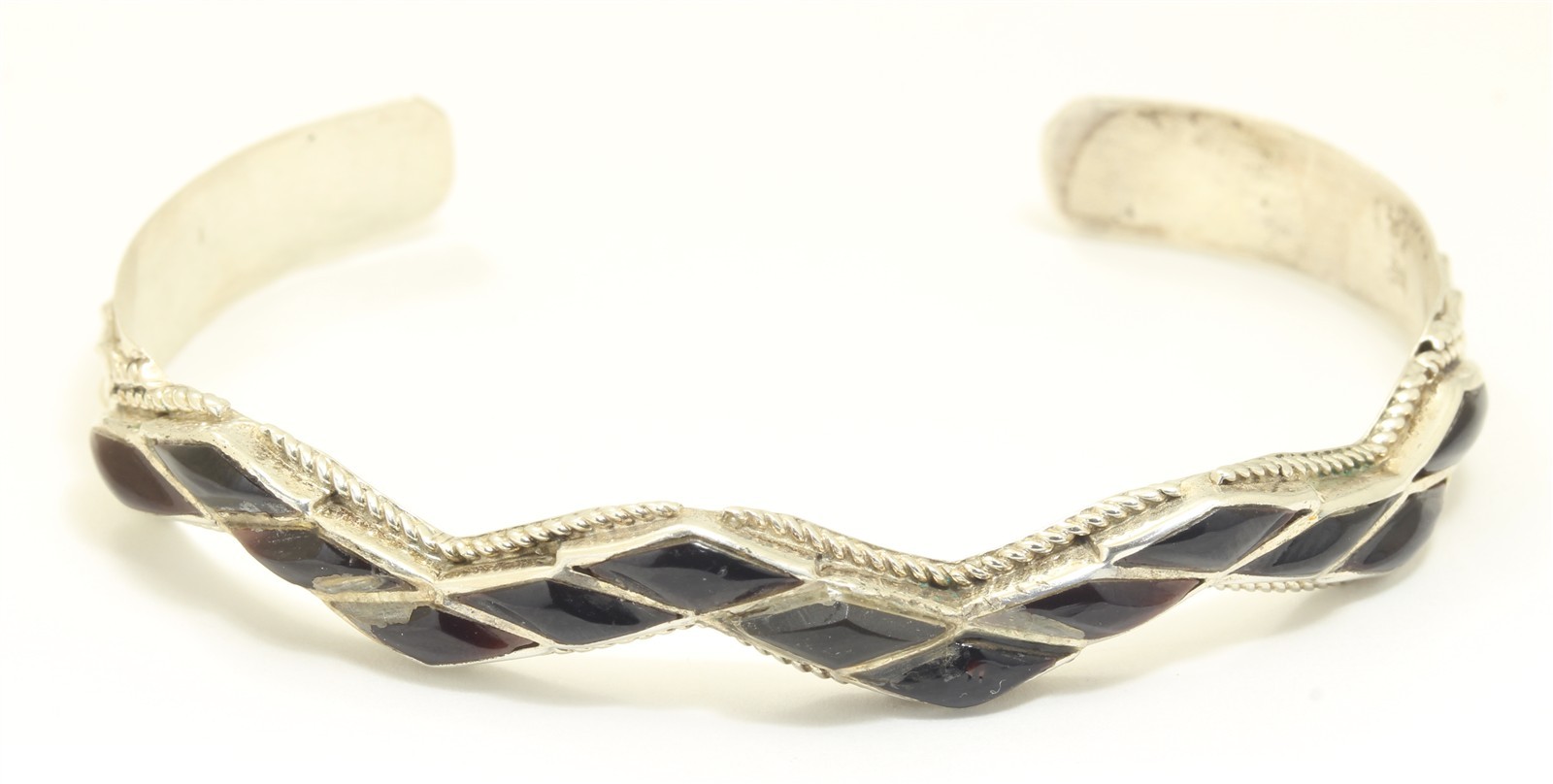 Zuni SIGNED SW Sterling Silver Geometric Inlay Cuff Bracelet 6.25″