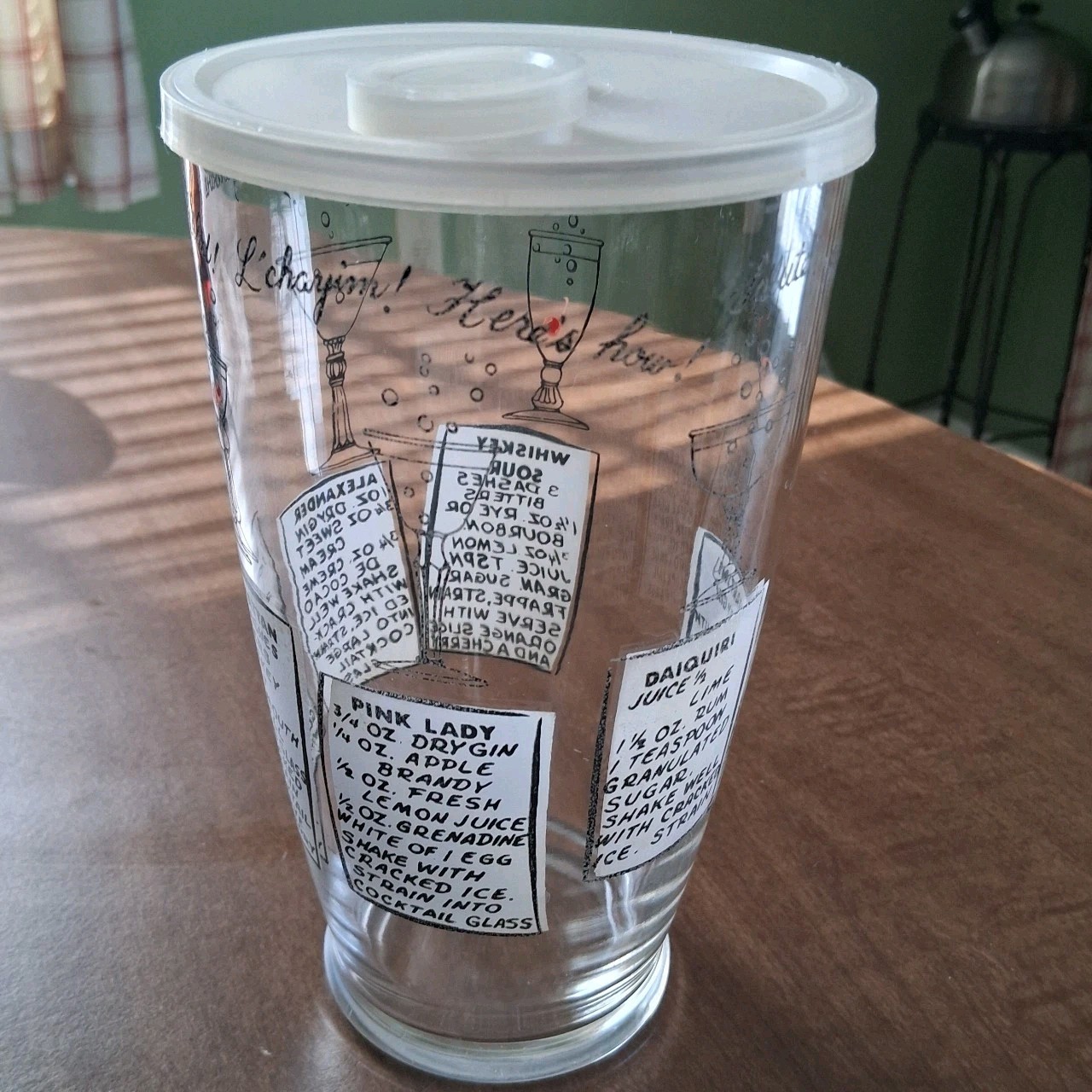 Vintage Mid-Century MCM 32-Oz Glass Cocktail Shaker w/ Cocktail Recipes & Lid