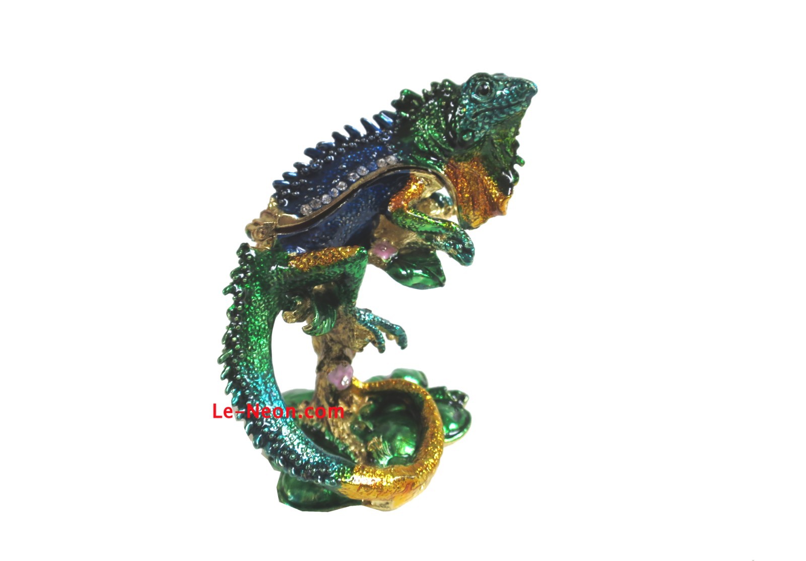 Bejeweled Chameleon Lizard Hinged Metal Enameled Rhinestone Trinket box