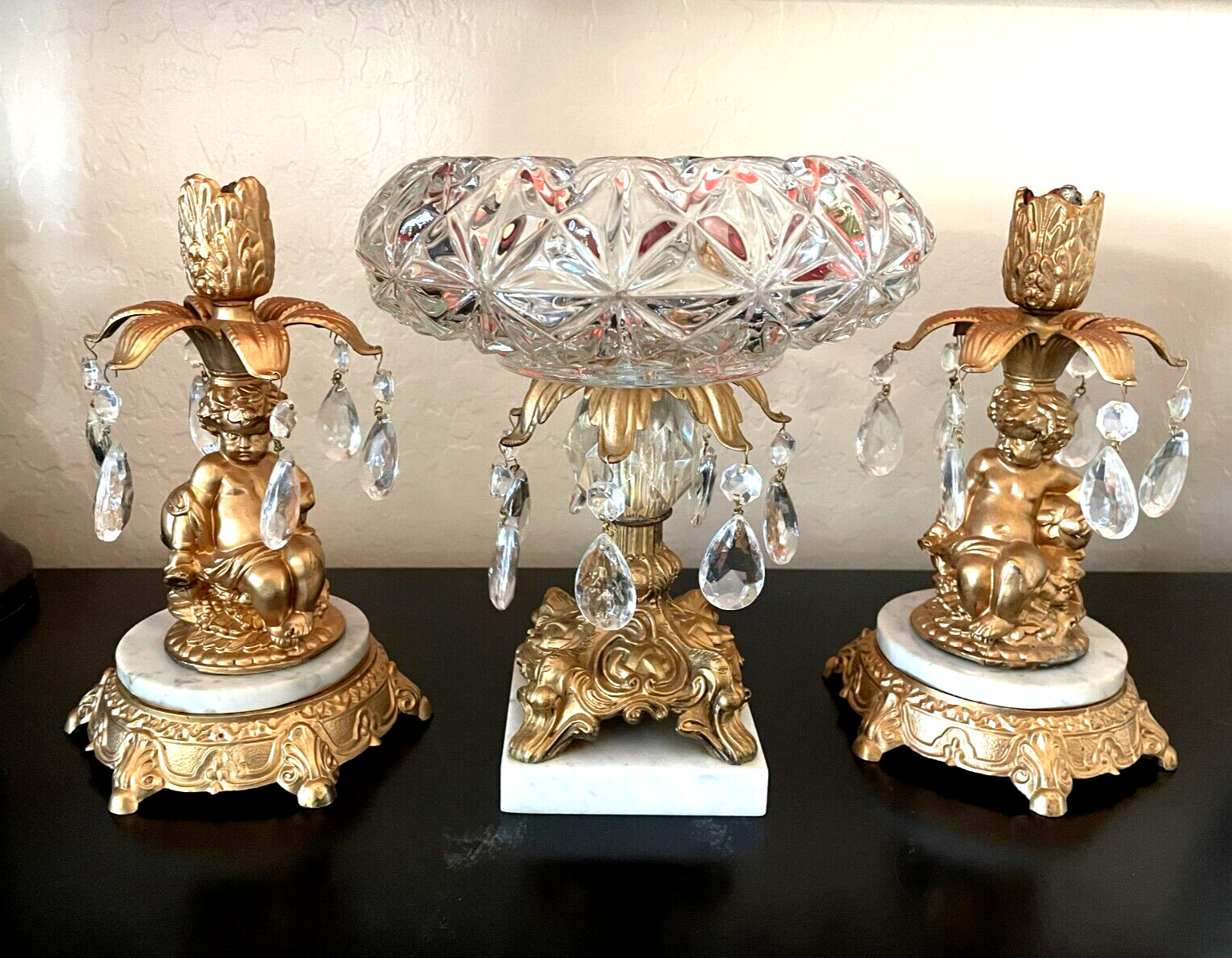 Cherub Candle Holders & Crystal Center Pedestal Bowl Hollywood Regency L & L WMC