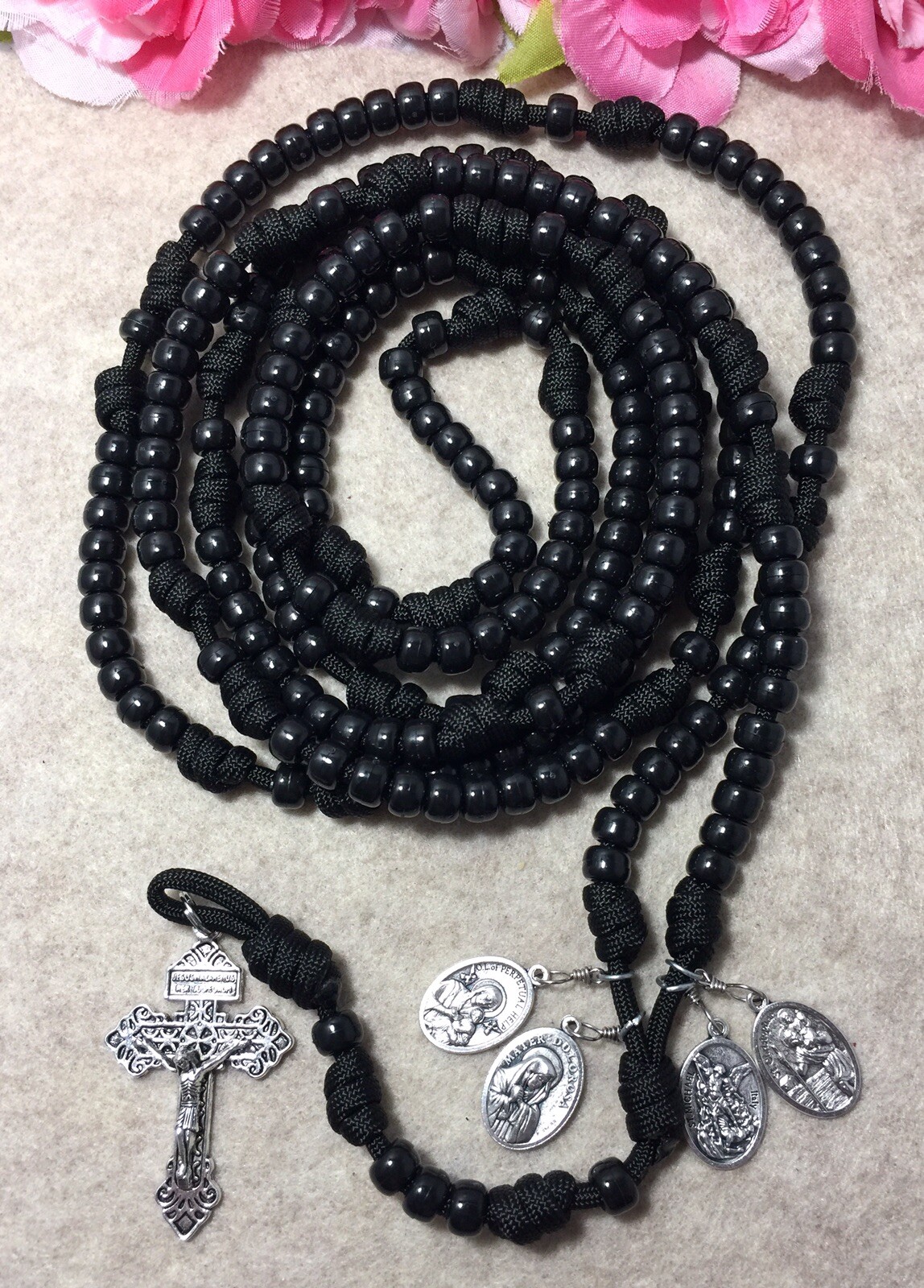 15 Decade Catholic Rosary, 4 Saints Medals- Paracord Rosary – Handmade