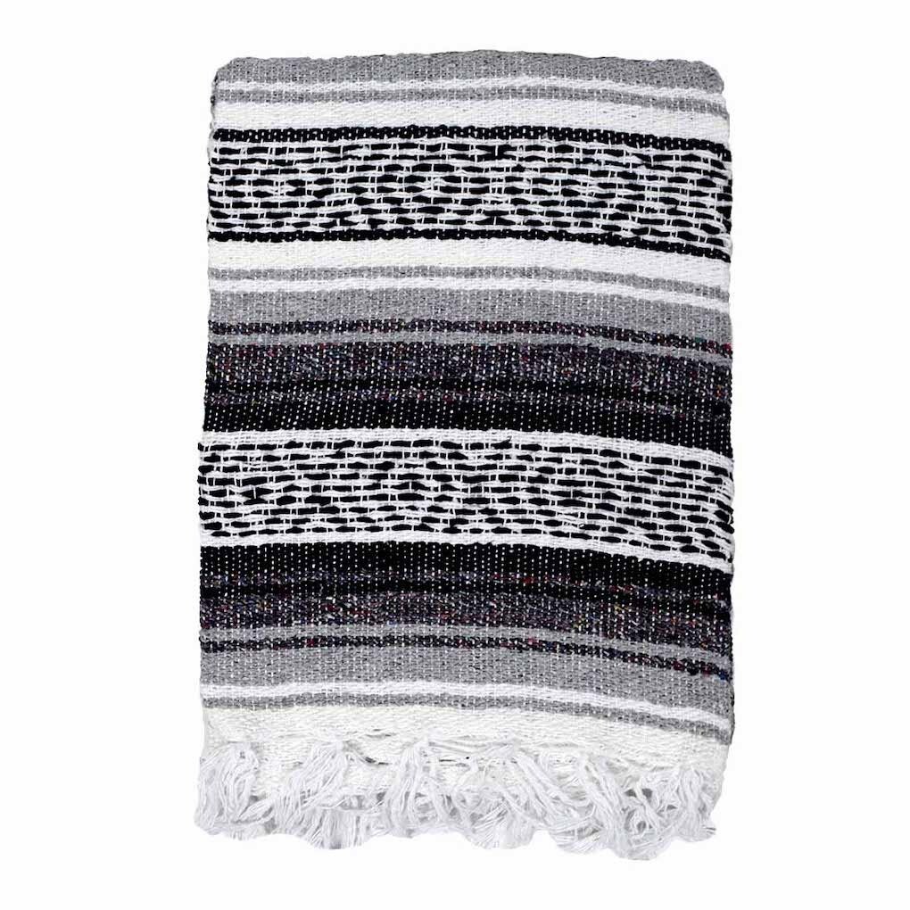 Black Grey Mexican Blanket Serape Falsa | Sarape Yoga Blanket | Black Gray White