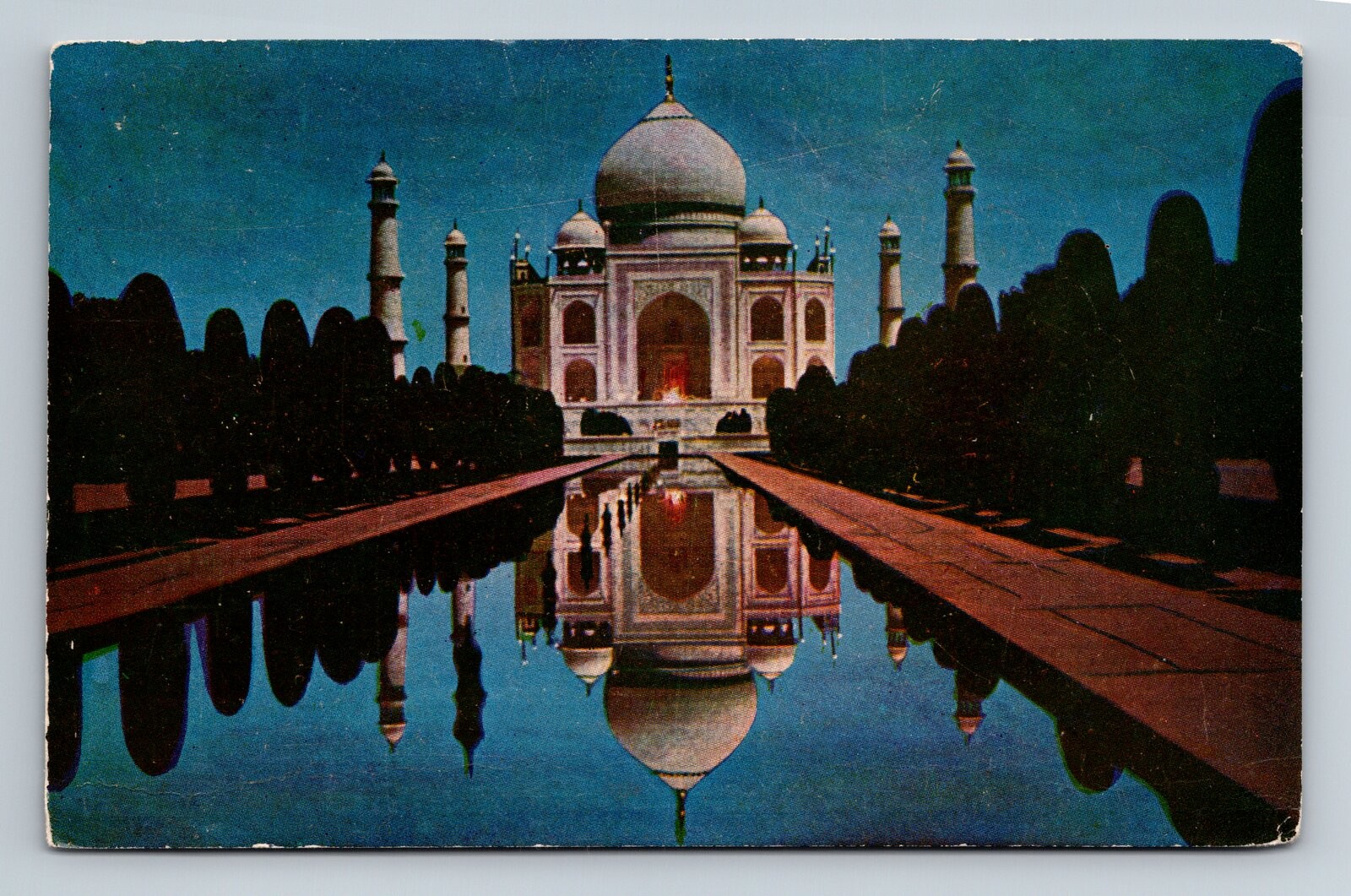 Moon Light Taj Mahal Agra India Vintage Postcard Stamps