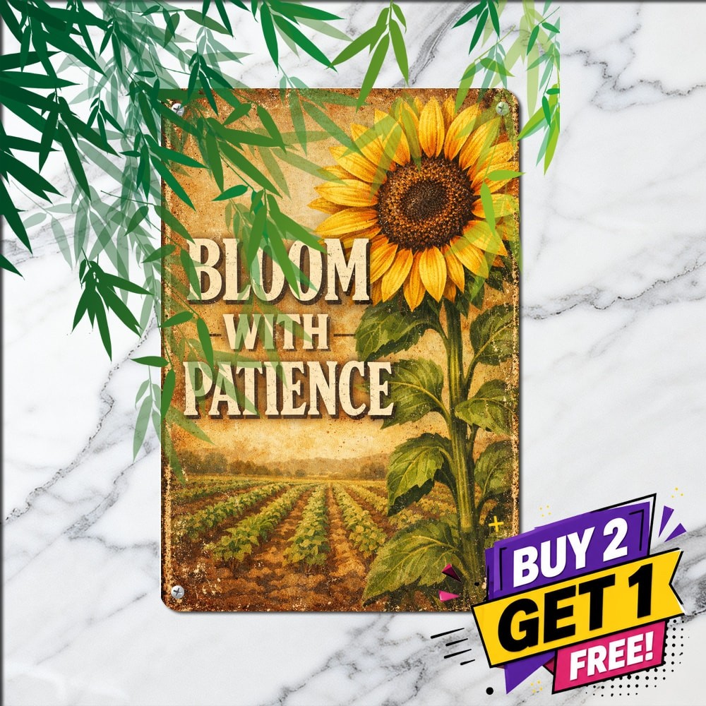 Sunflower Pattern Large Stacked Bold Typography Garden Slogan Metal Tin Sign