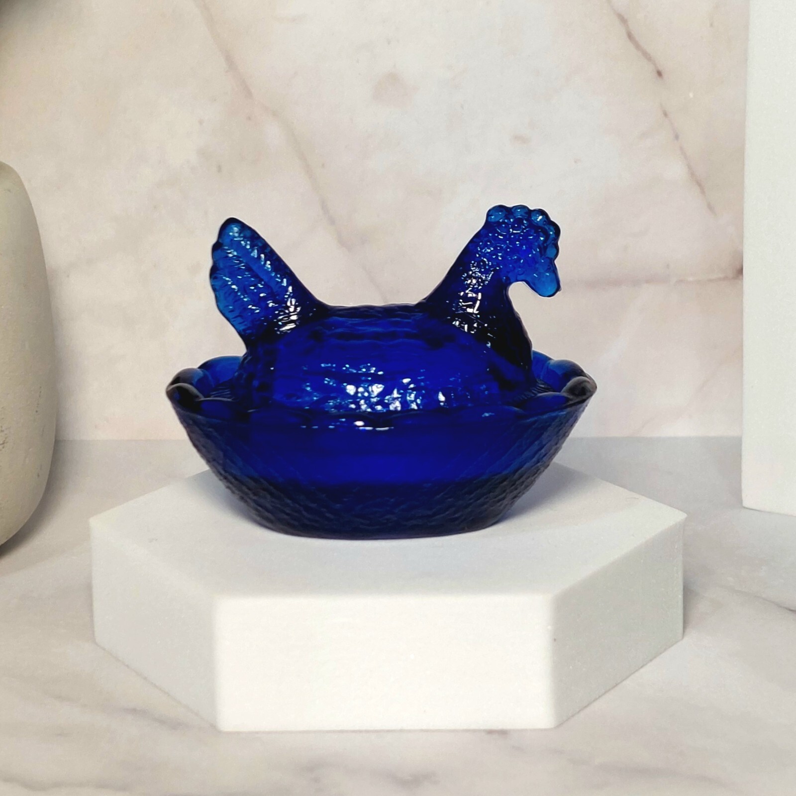 2 Hen on Nest Mini Chicken Salt Dish, Cobalt Blue Depression Style Glass Kitchen