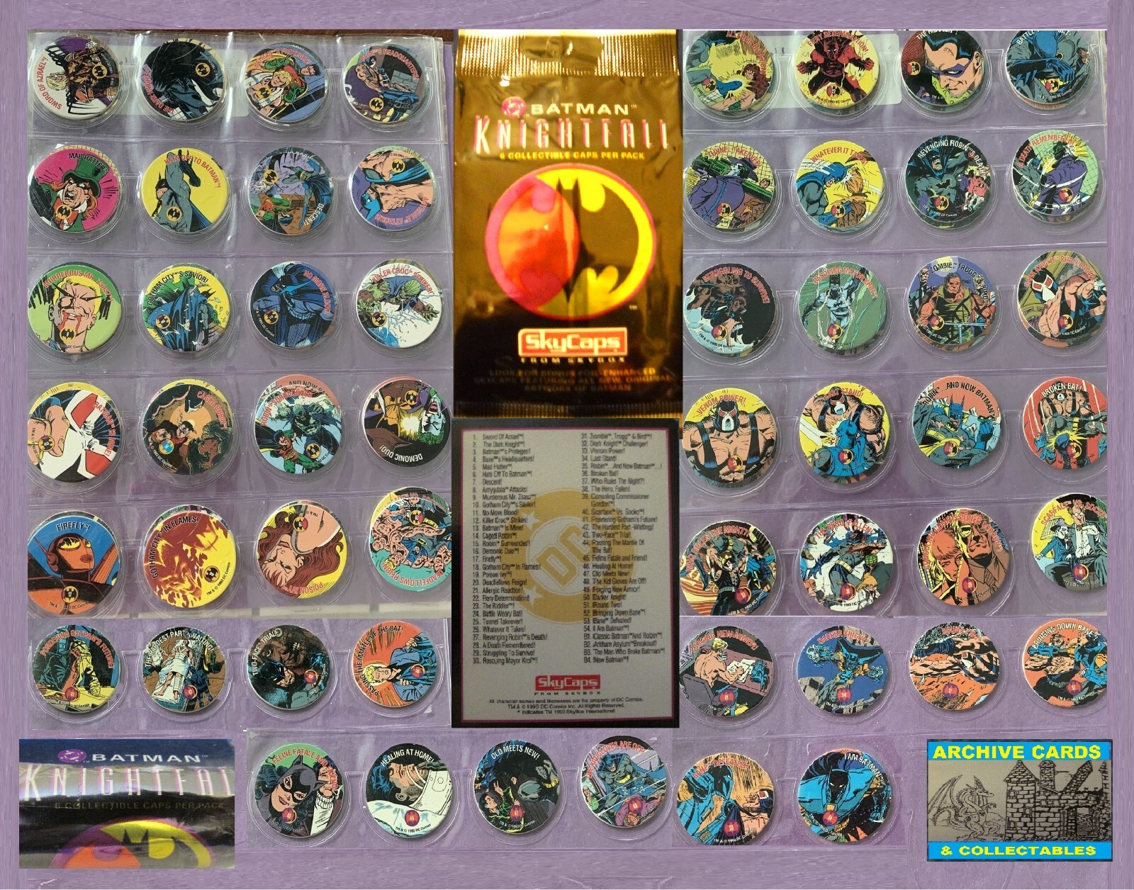 1993 Skybox Batman Nightfall Skycaps Base SET (54 caps/Checklist Card) & wrapper
