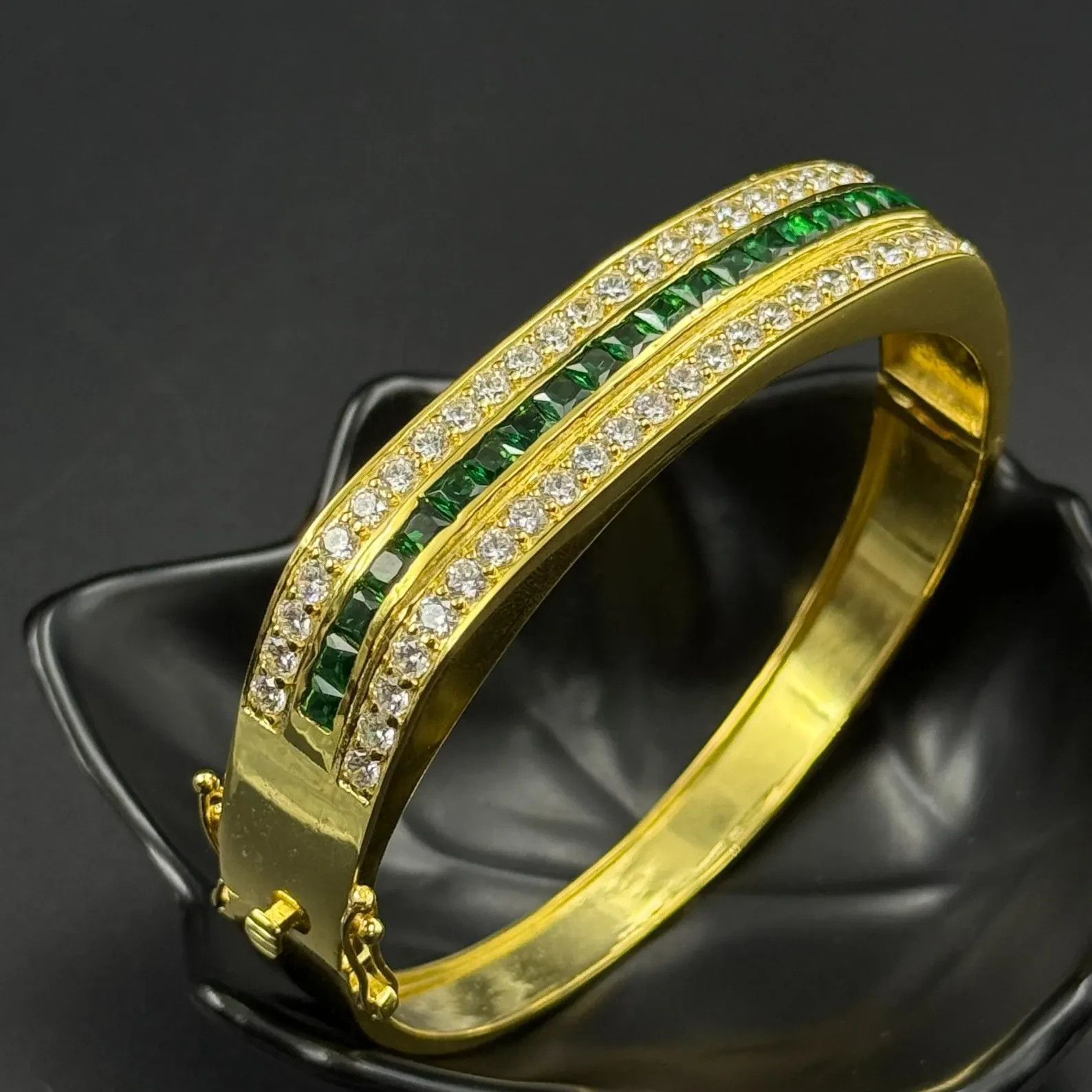 11.0CT Emerald & Diamond Baguette 18K Yellow Gold Over Bangle Bracelet For Men’s