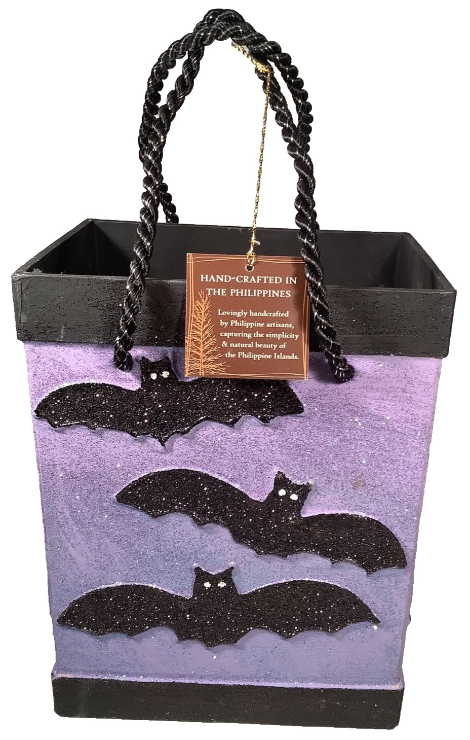 Halloween Art Deco Box Sparkling Black Bats on Purple (8.5”H x 6.5”L x 4.5”W) 👻