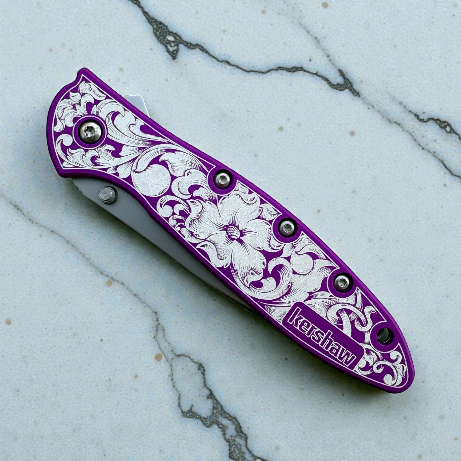 Kershaw Leek – Anodized Purple Scales with Engraved Floral Scrollwork