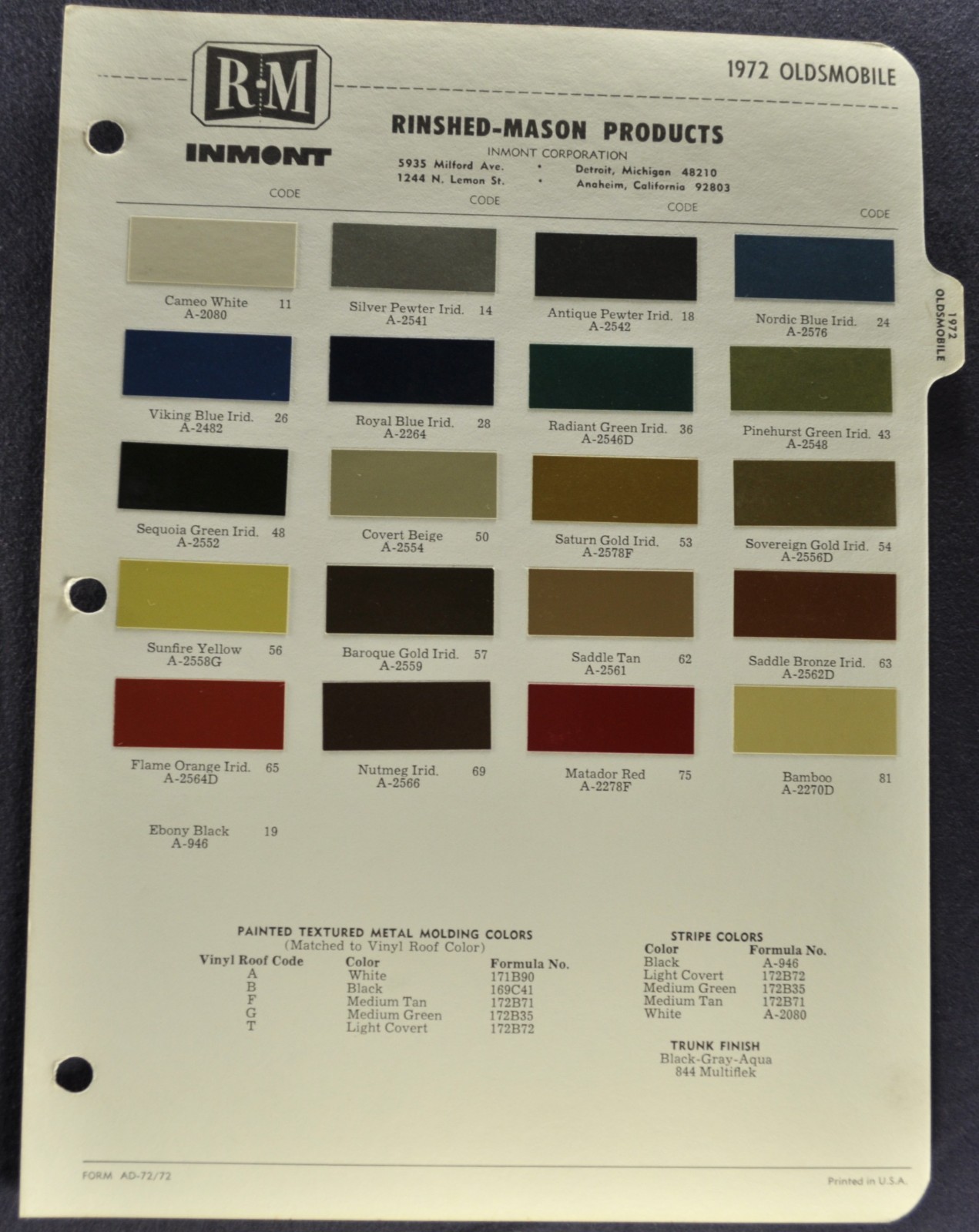 1972 Oldsmobile Paint Chip Colors Sheet Toronado 98 Delta 88 Cutlass 442
