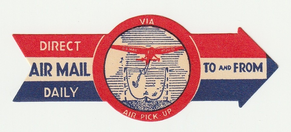 All American Aviation 1940 airmail label intended for Air Pick Up Service