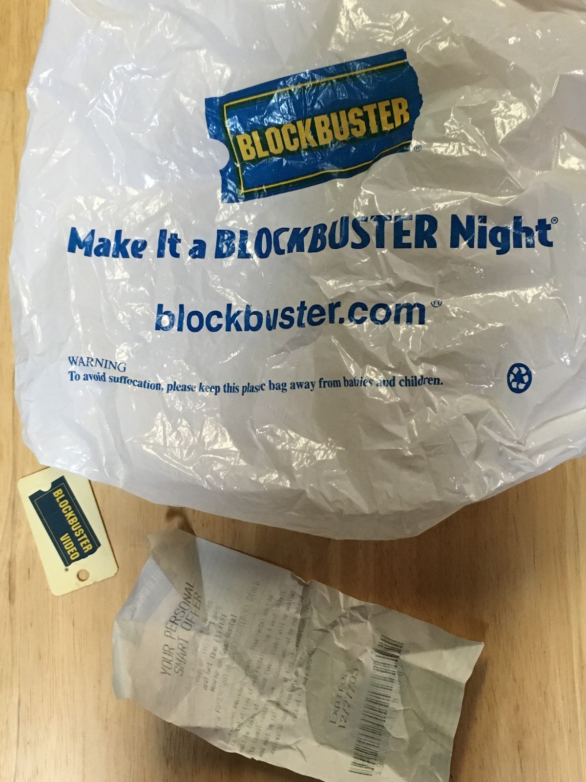 Vintage Blockbuster Plastic Bag, Promotional Receipt, & Key Fob Promotional