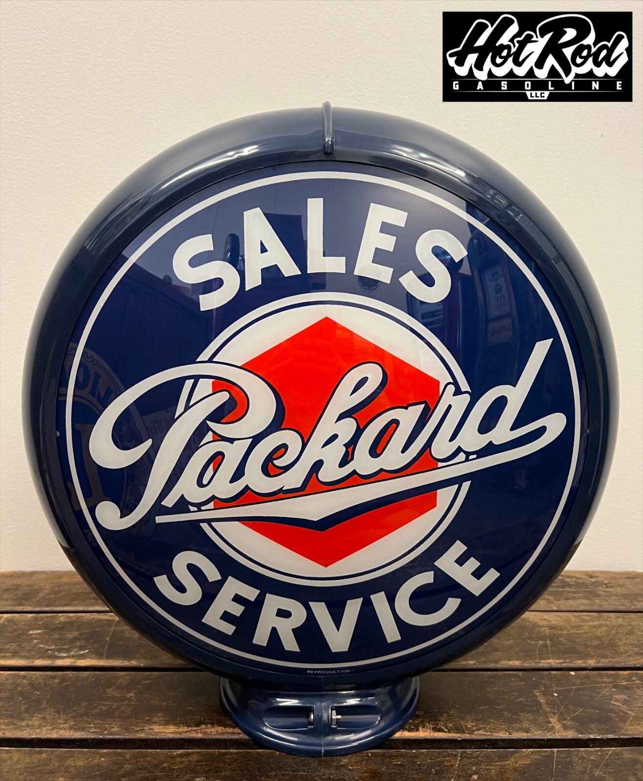 PACKARD SALES SERVICE Reproduction 13.5″ Gas Pump Globe – (Dark Blue Body)
