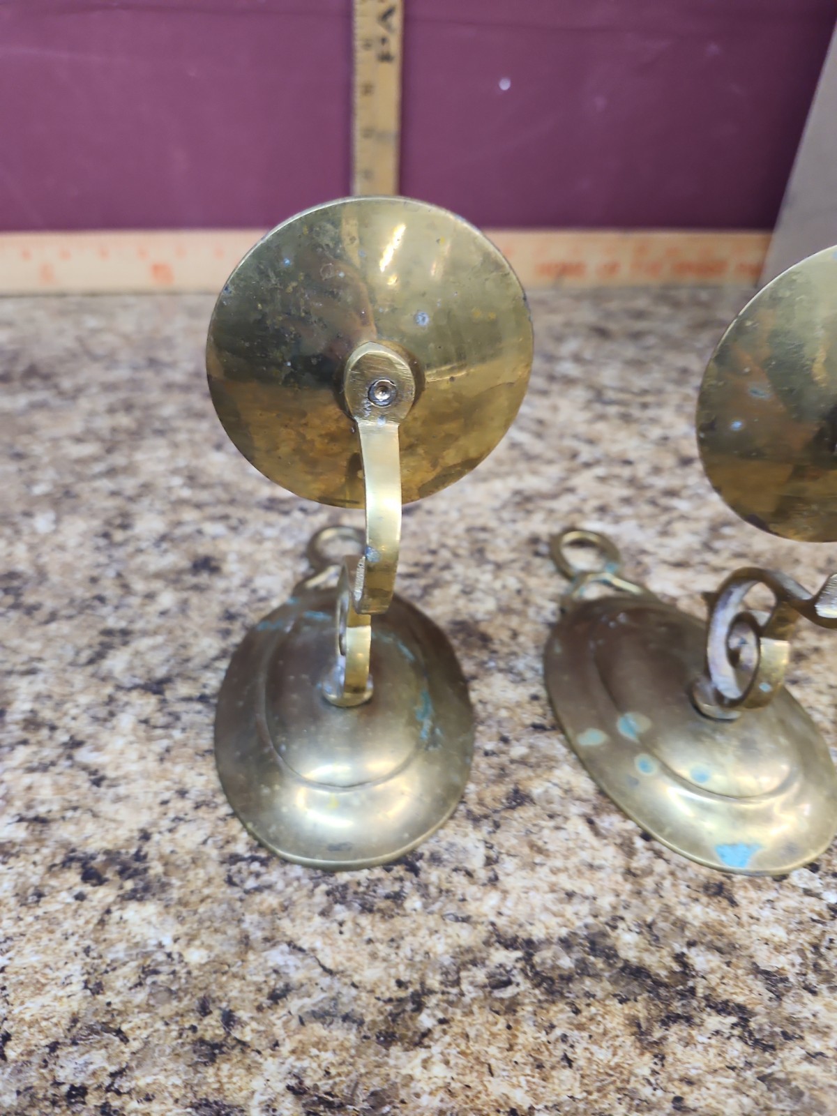 VTG Pair MCM Brass Candlestick Wall Sconces • 6.25” Flush Mount Some Patina