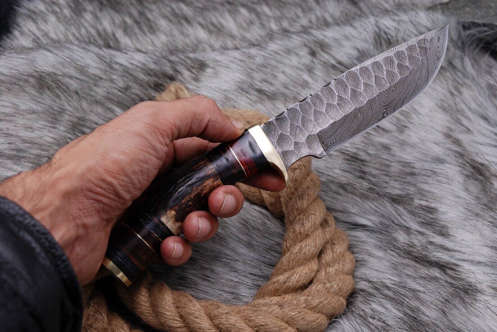 10” EDC CUSTOM HANDMADE DAMASCUS HUNTING SKINNING KNIFE DEER STAG Antler HANDLE