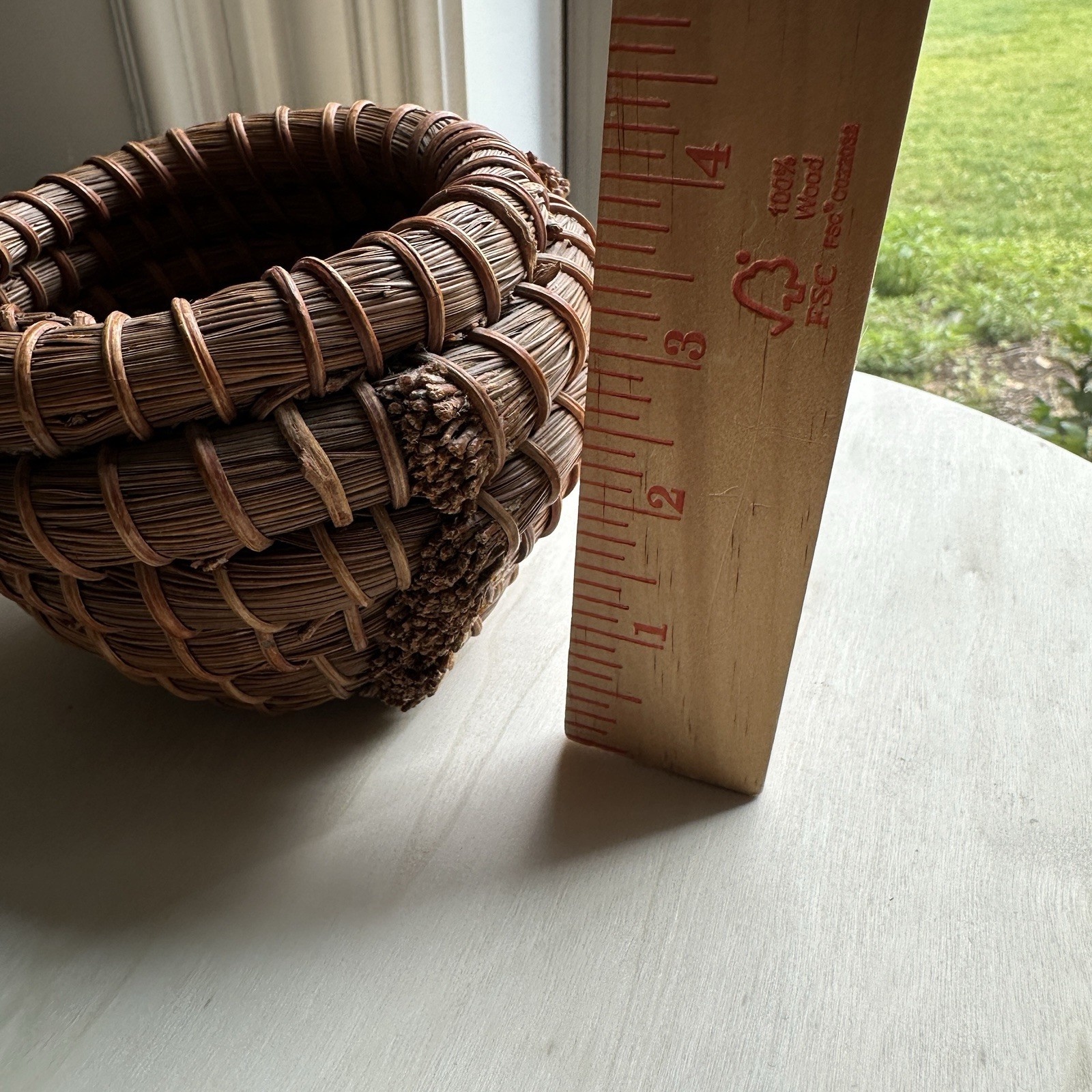 Vintage Handcrafted Coiled Brown Pine Needle Basket 4.25 Inch Knobby Textured