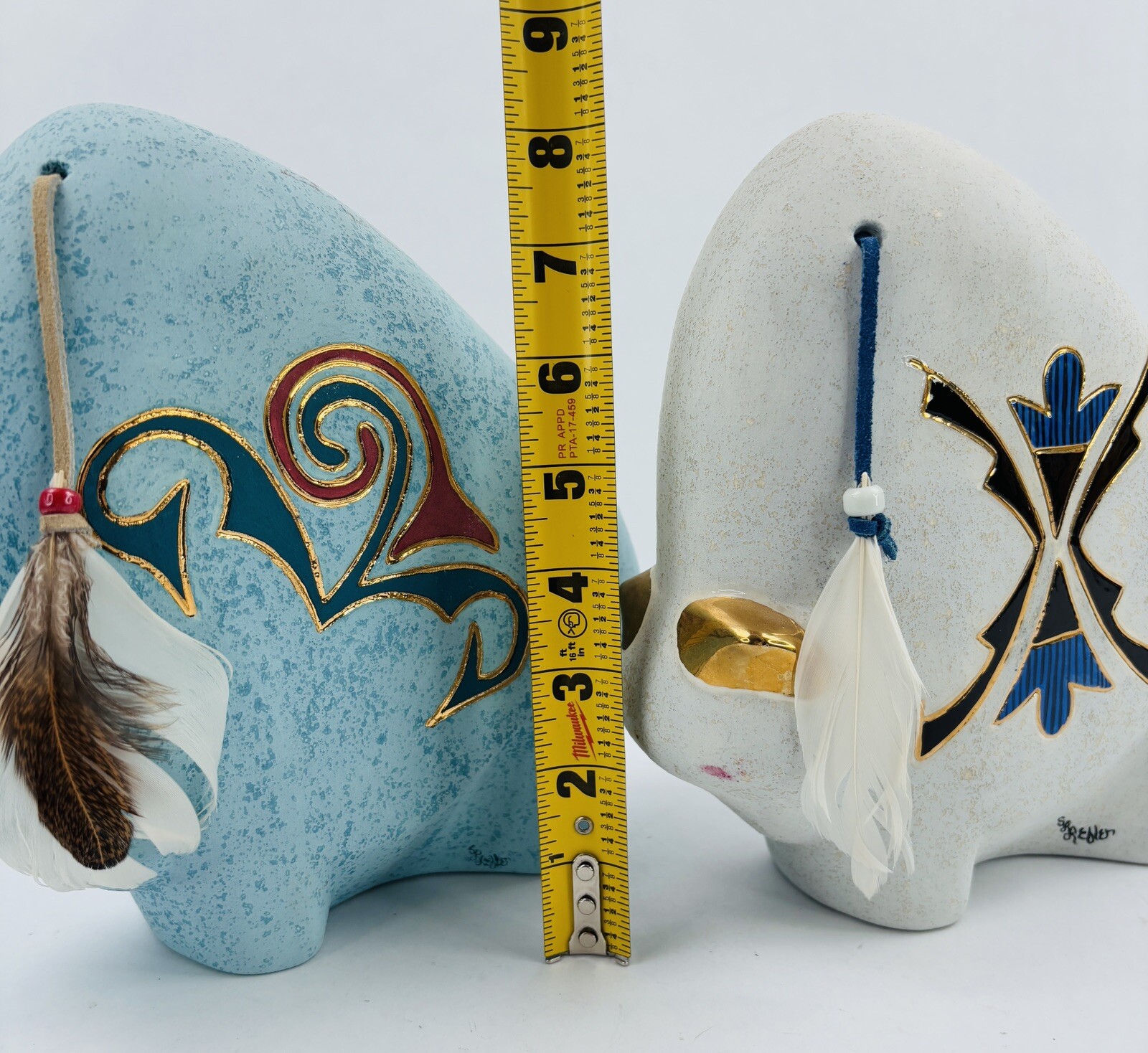 S. Kehler Signed Art Pottery Buffalo Figurines Set of 2 Gold Horn Feather 8″
