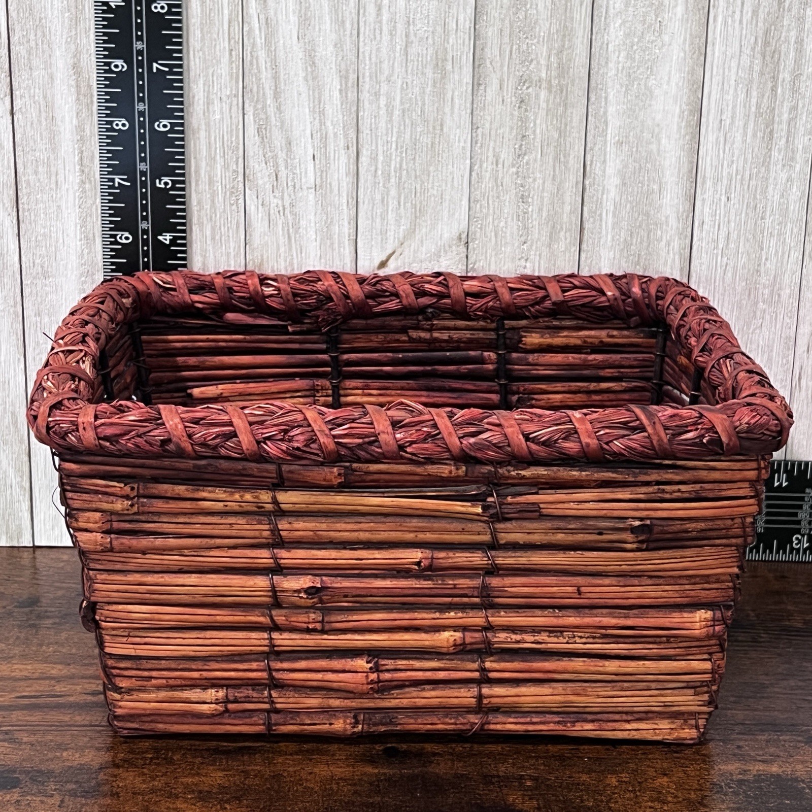 Vintage Auburn Red Stained Wicker Rectangular Woven Basket Rustic Farmhouse