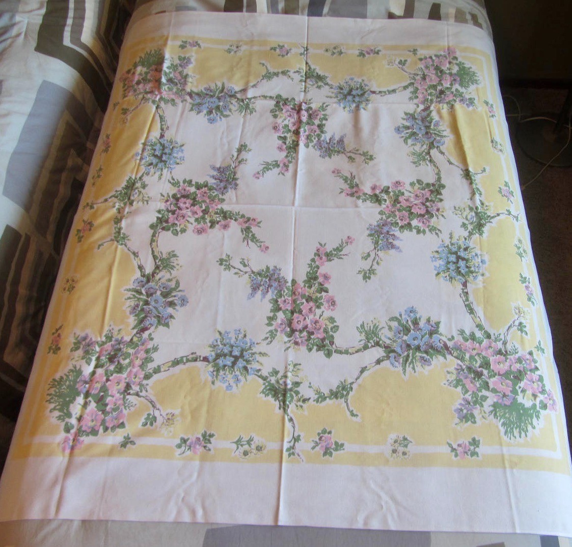 Vintage 1950’s CLOTH TABLECLOTH Pink Blue Flowers Floral Yellow Border 52 x 46