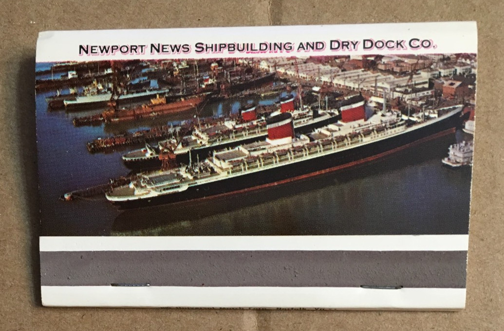 NEWPORT NEWS SHIPBUILDING MATCHBOOK – AERIAL PHOTO OF SS UNITED STATES & AMERICA