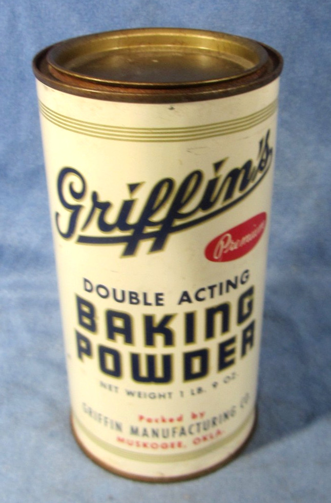 RARE Vintage 1940’s Griffin’s 1-1/2 lb Baking Powder Full Tin Can Muskogee OK
