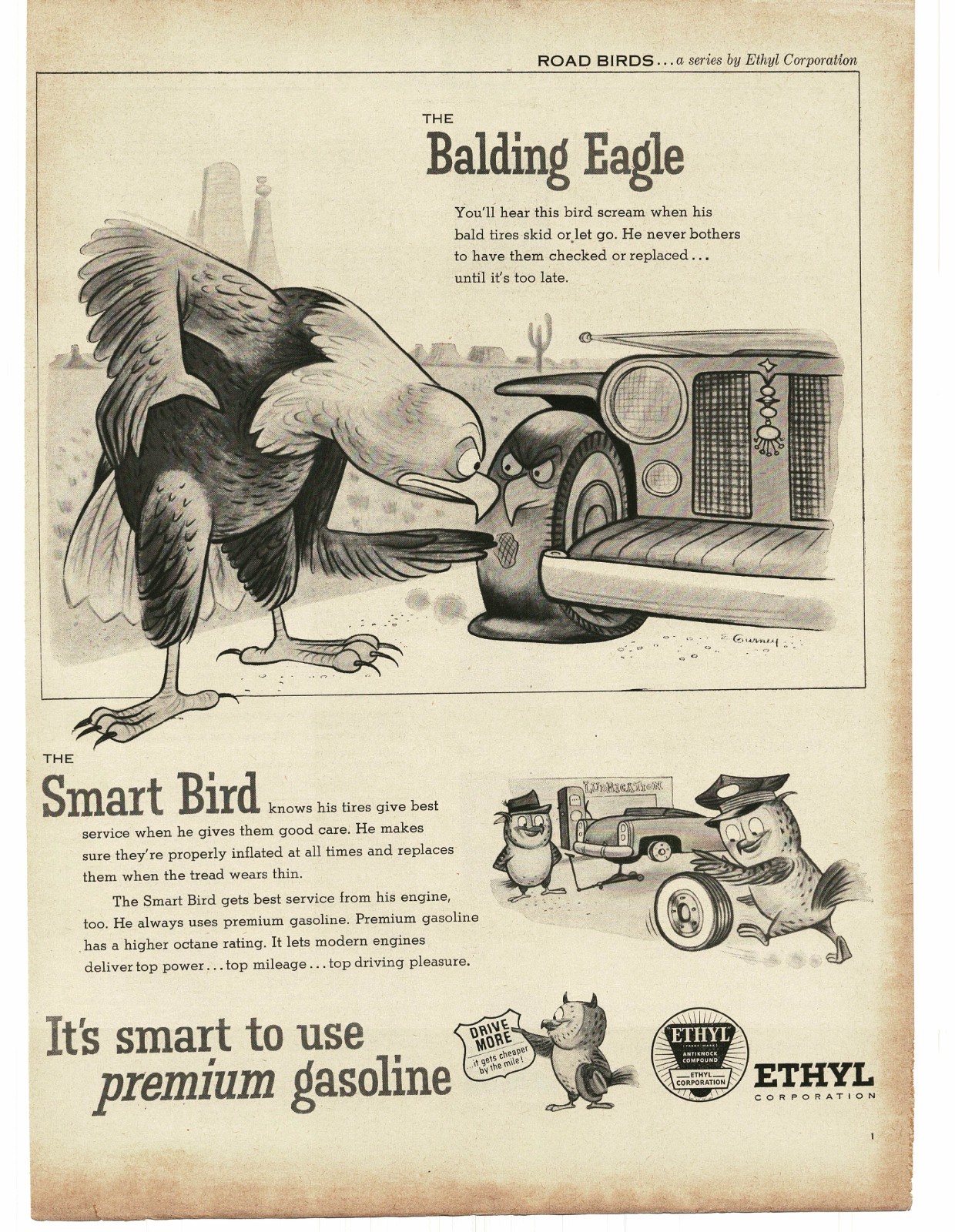 1956 Ethyl Corp Gas Co. Ad road birds Balding Eagle comic art Eric Gurney