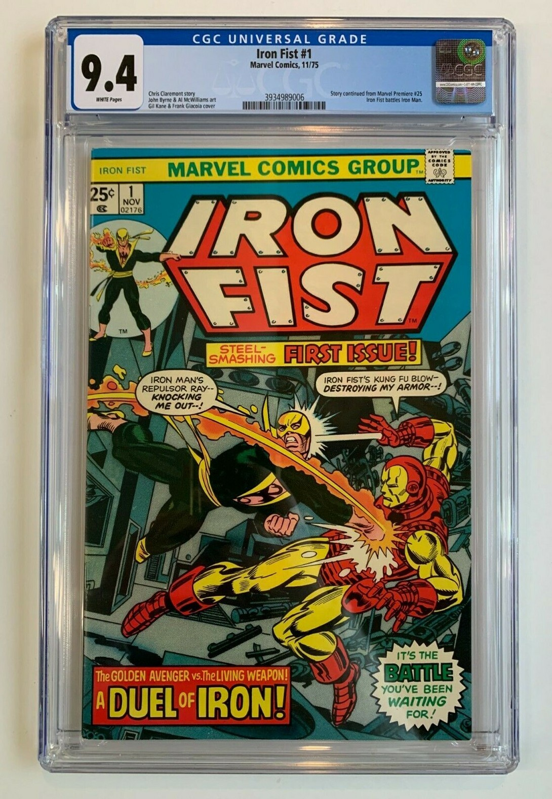 IRON FIST #1, Marvel Comics, CGC 9.4, Gil Kane & Frank Giacoia cover, WHITE pgs.