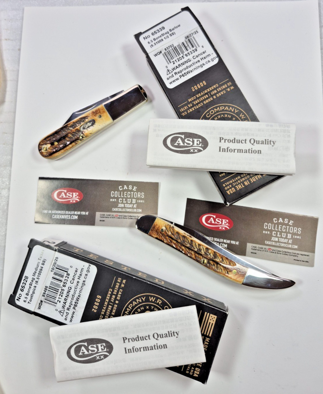 Lot of 2 Case XX 6.5 Bone Stag Barlow & 6.5 Bone Stag Texas Toothpick NIB