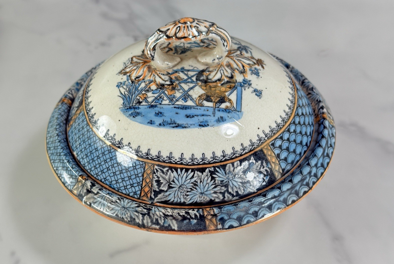 Antique Copeland Spode Transferware KEW Covered Master Butter Dome Dish 3 Pcs