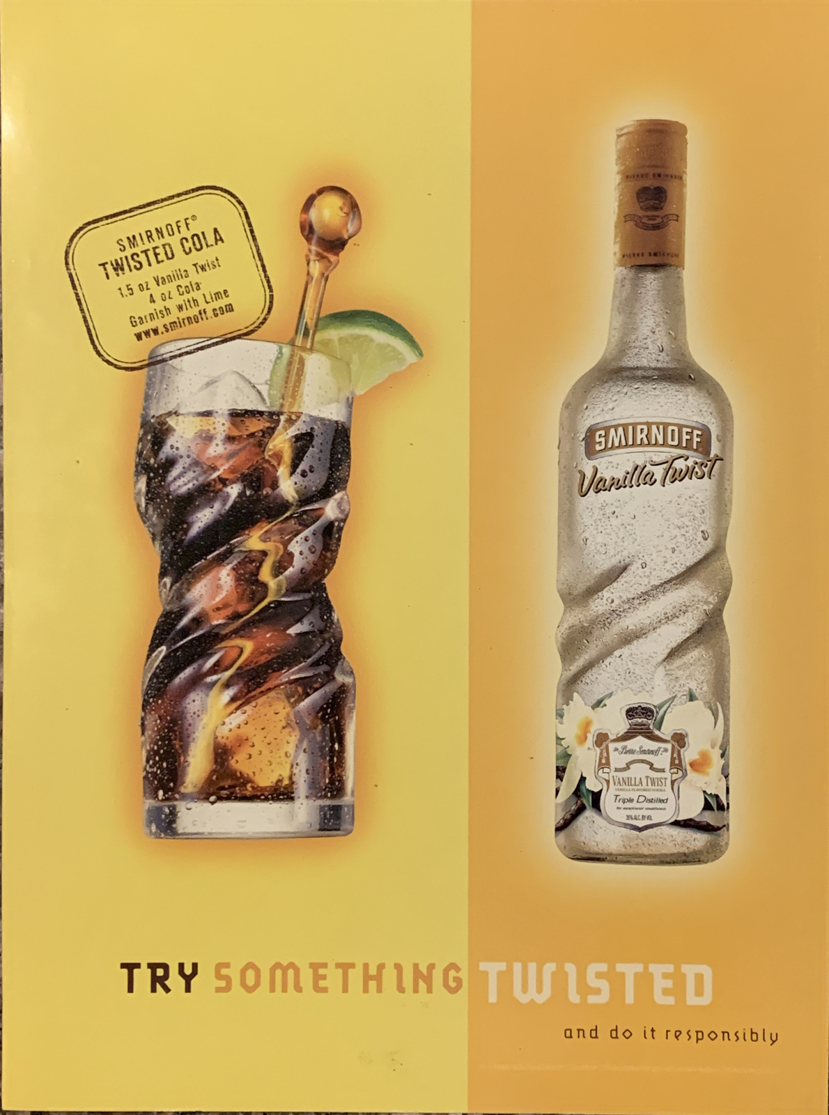 PRINT AD 2001 Smirnoff Vanilla Twist Twisted Cola Recipe Try Something Twisted