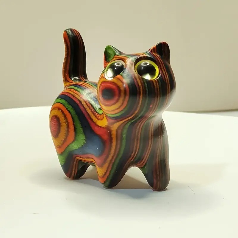 Painted Wooden Kitten Sculpture Small Cat Statue Home Decor Ornament
