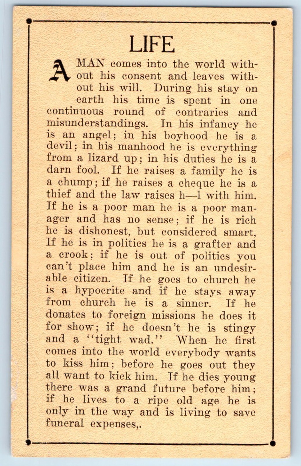 c1910’s Motto Saying For Life Unposted Antique Postcard
