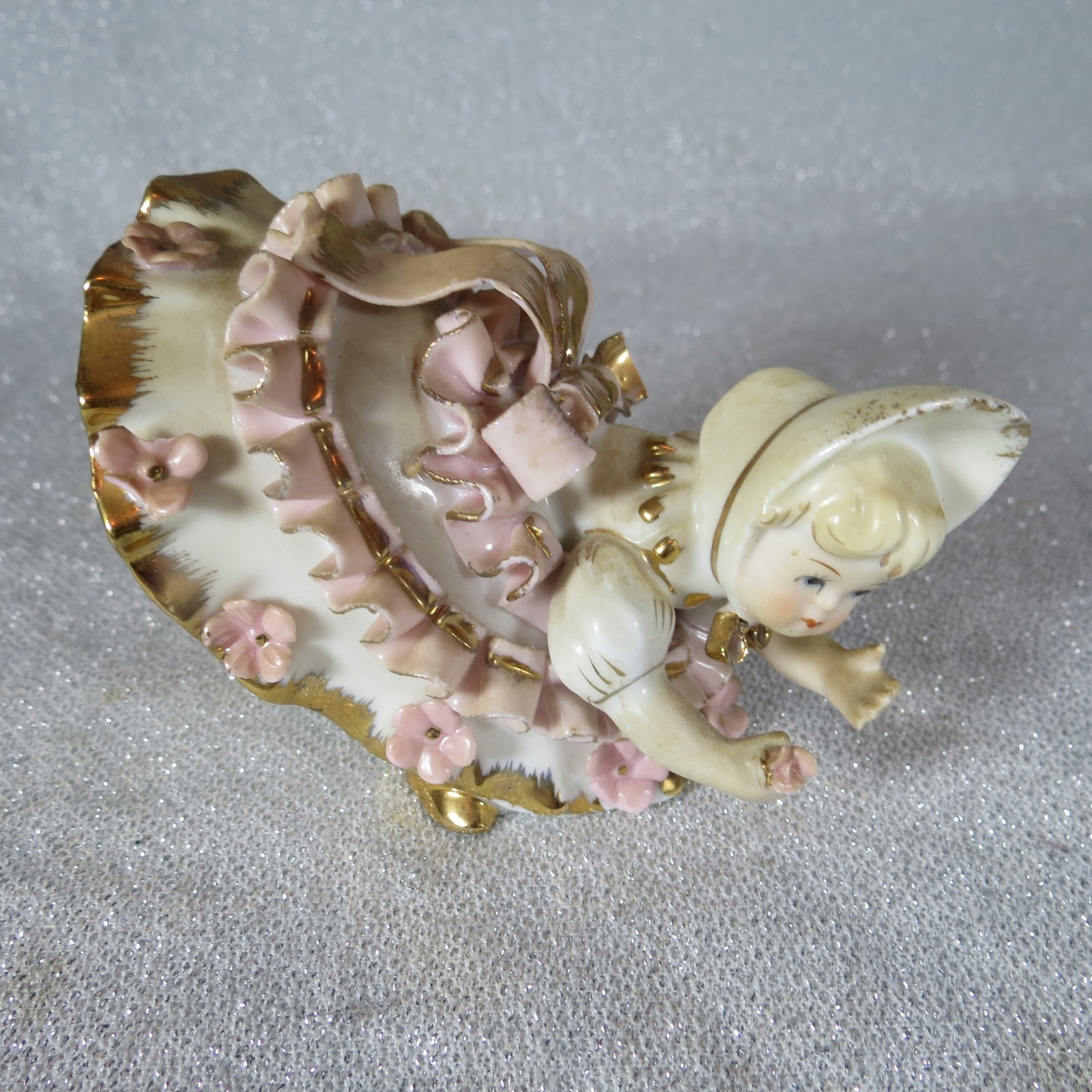 Geo Z Lefton 1950s Vintage Bloomer Girl Figurine Pink Gold Ruffles