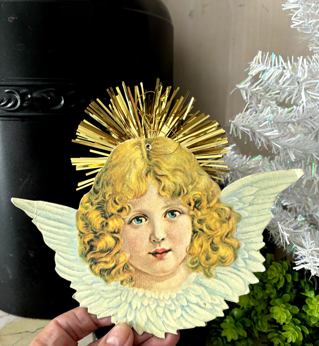 Vtg Paper Scrap CARDBOARD Gold Metallic Tinsel Die Cut XMAS ANGEL Girl ORNAMENT