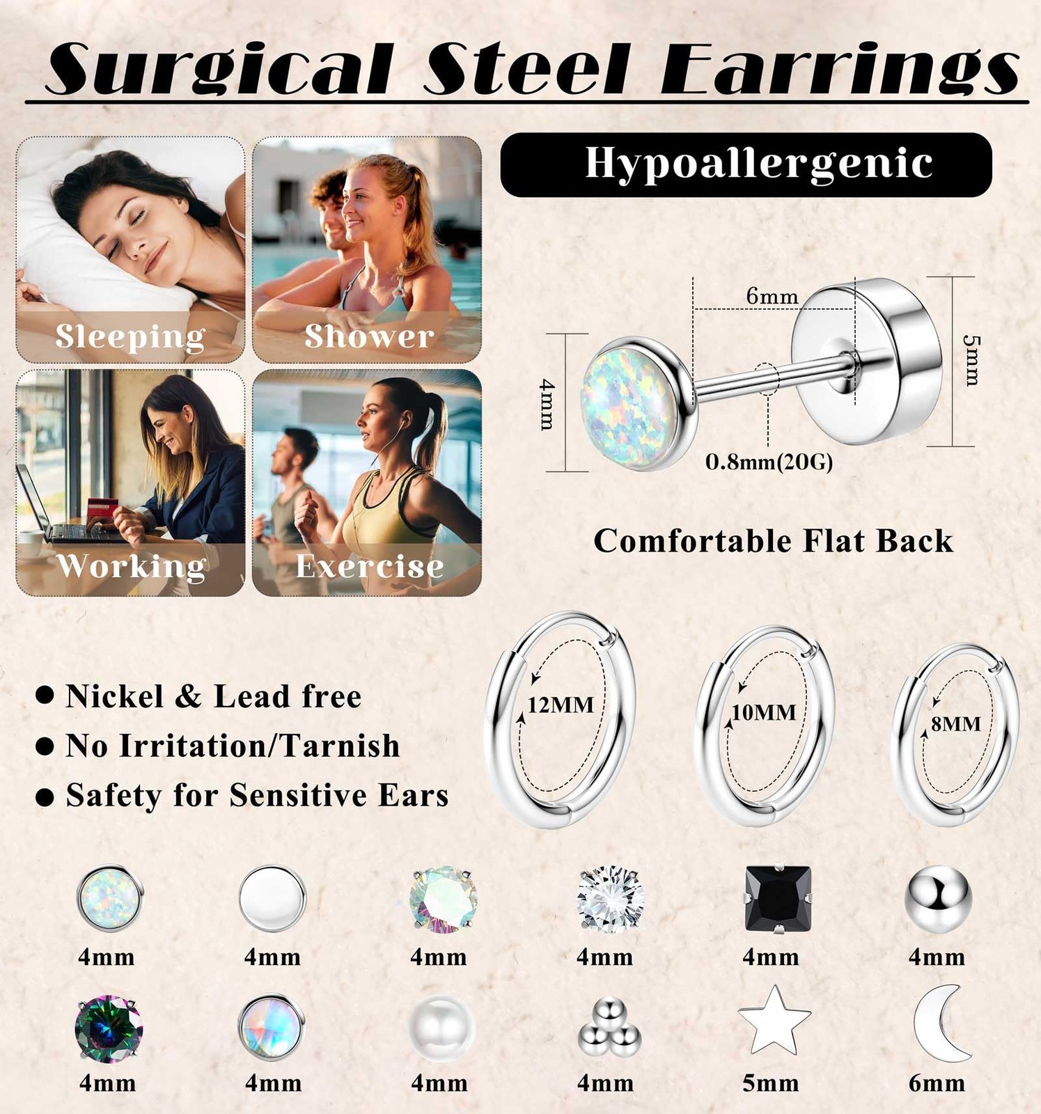 Jstyle Hypoallergenic Flat Back Stud Earrings For Women Men Surgical Stainless
