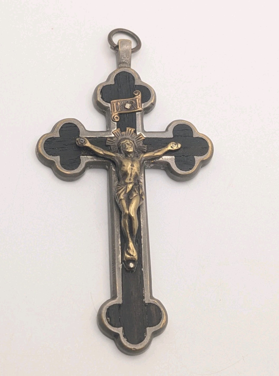 Antique French Pectoral Cross Crucifix Ebony Wood Inlay Silver Brass INRI 2.75″