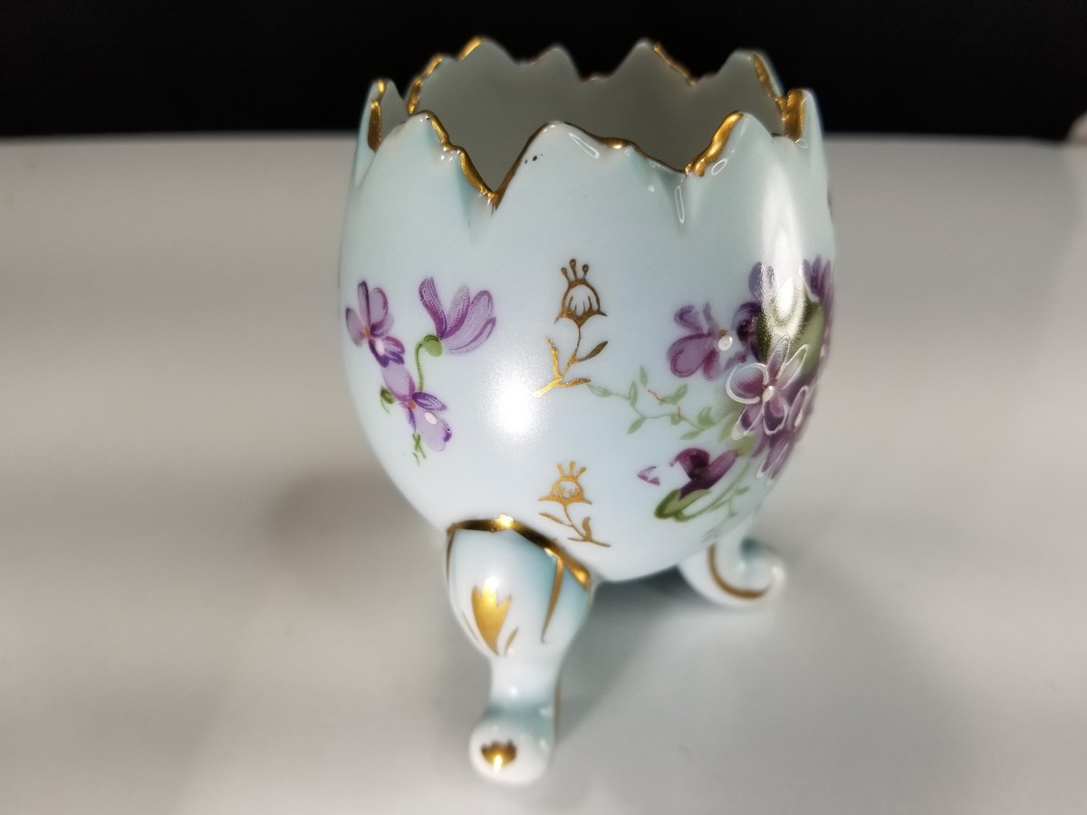 Vintage 3 Footed Cracked Egg 4” Vase Trinket Dish Hand Painted Floral