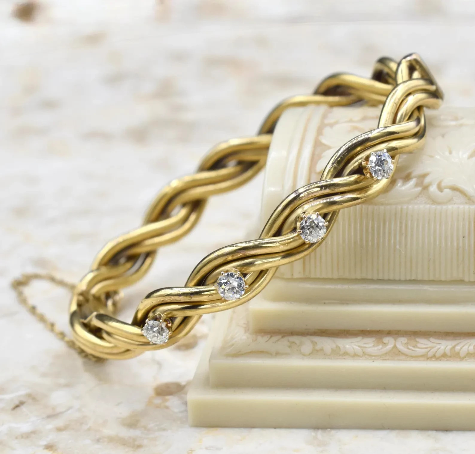 Antique 14K Yellow Gold Over 5ct Old European Cut Diamond Hinged Bangle Bracelet