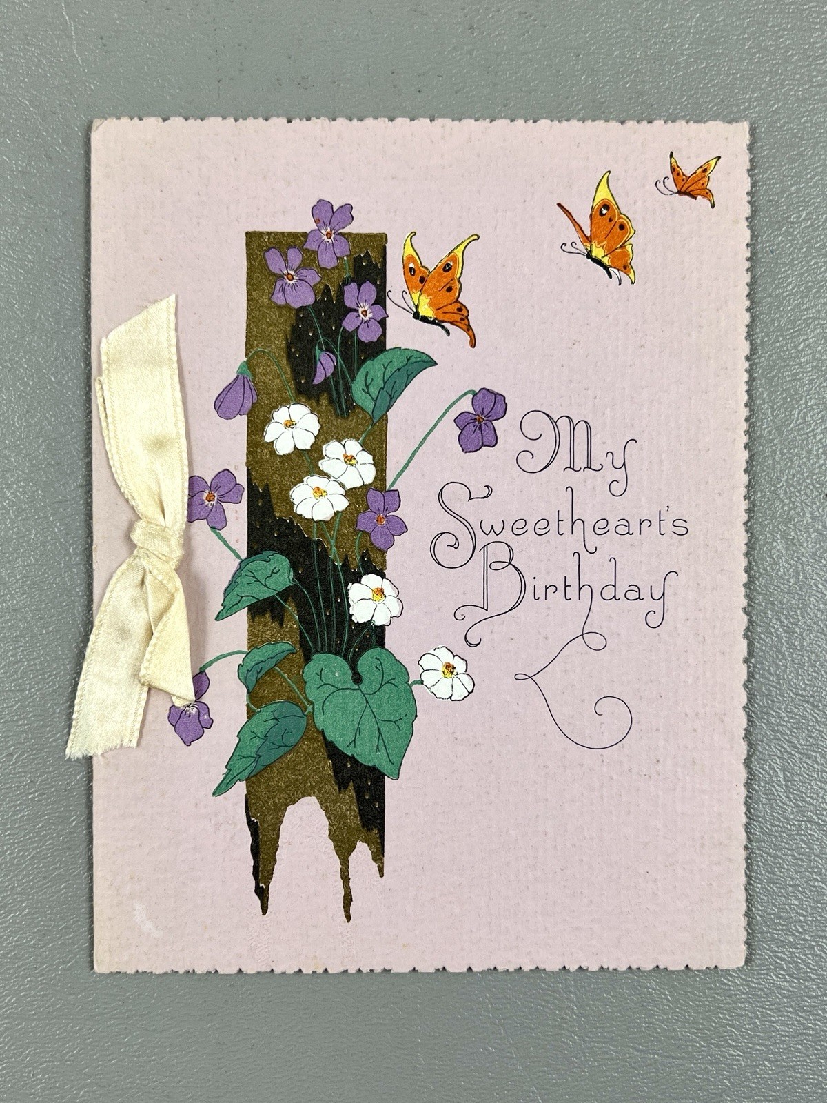 Vintage 1930s Sweetheart Birthday Card Ribbon Butterflies Violets My Sweetheart