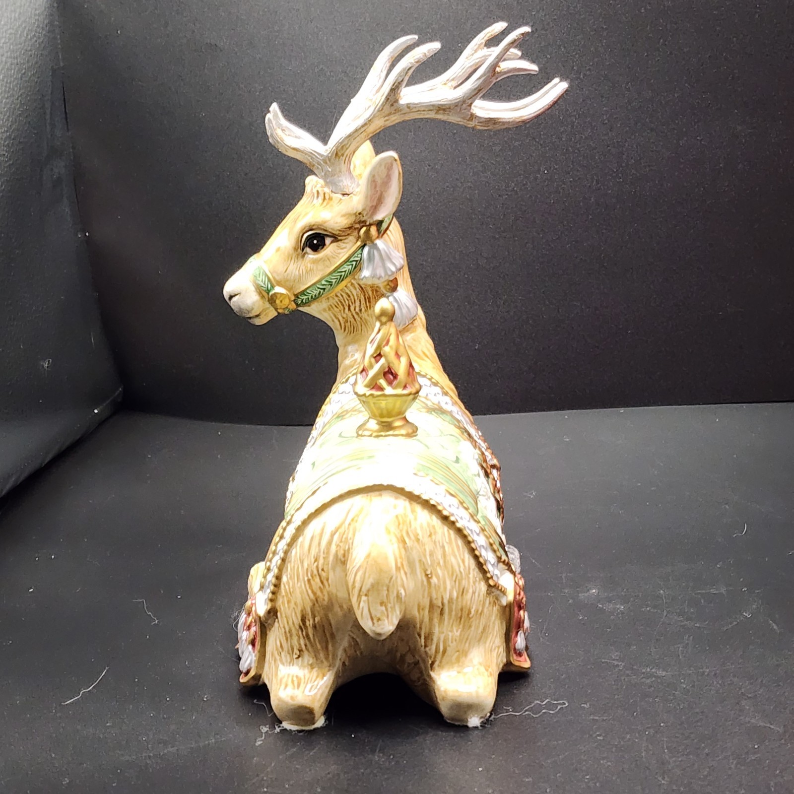 Fitz& Floyd Classics Christmas Reindeer Lidded Trinket Box Peace Dove Green Gold