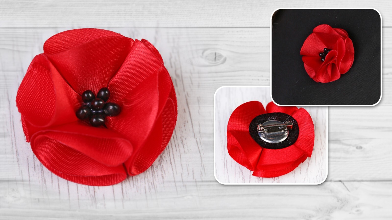 Pin Back Badge Brooch – Silk Flower Red Poppy Memorial Remembrance Veteran’s Day
