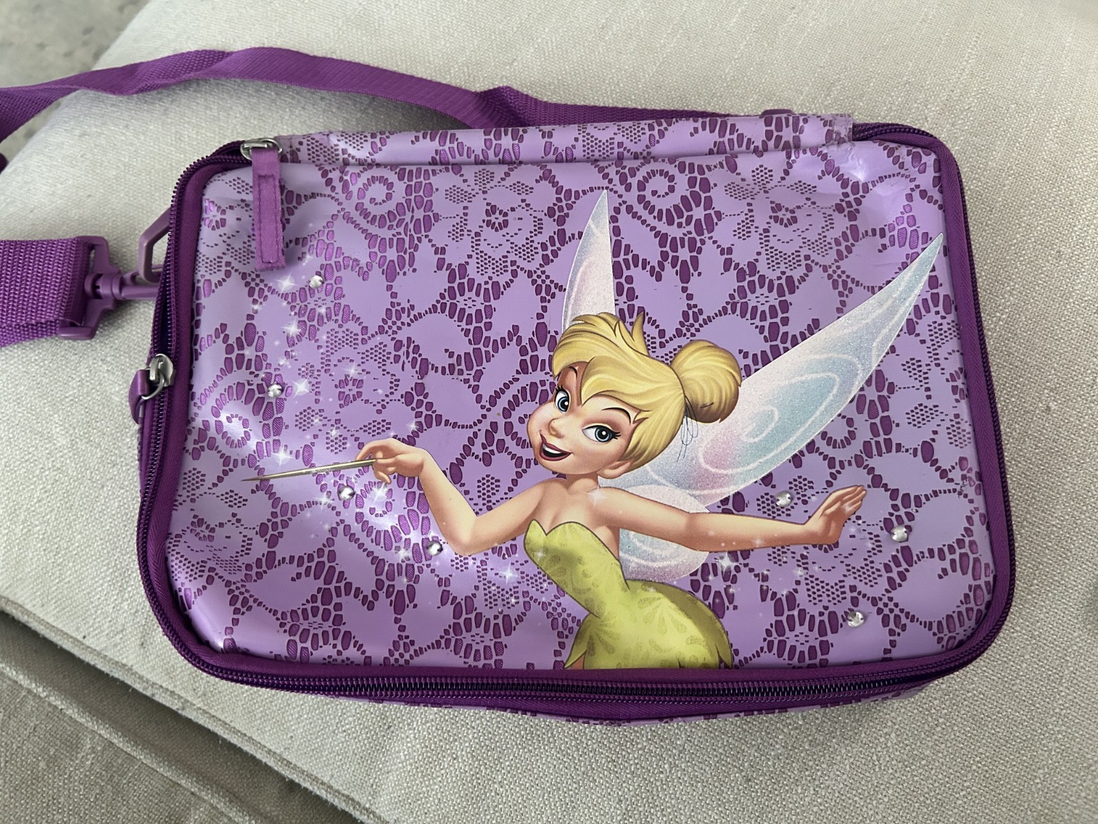 Used Disney Tinkerbell Authentic Trading Pins Purple Zipper Bag Collectibles