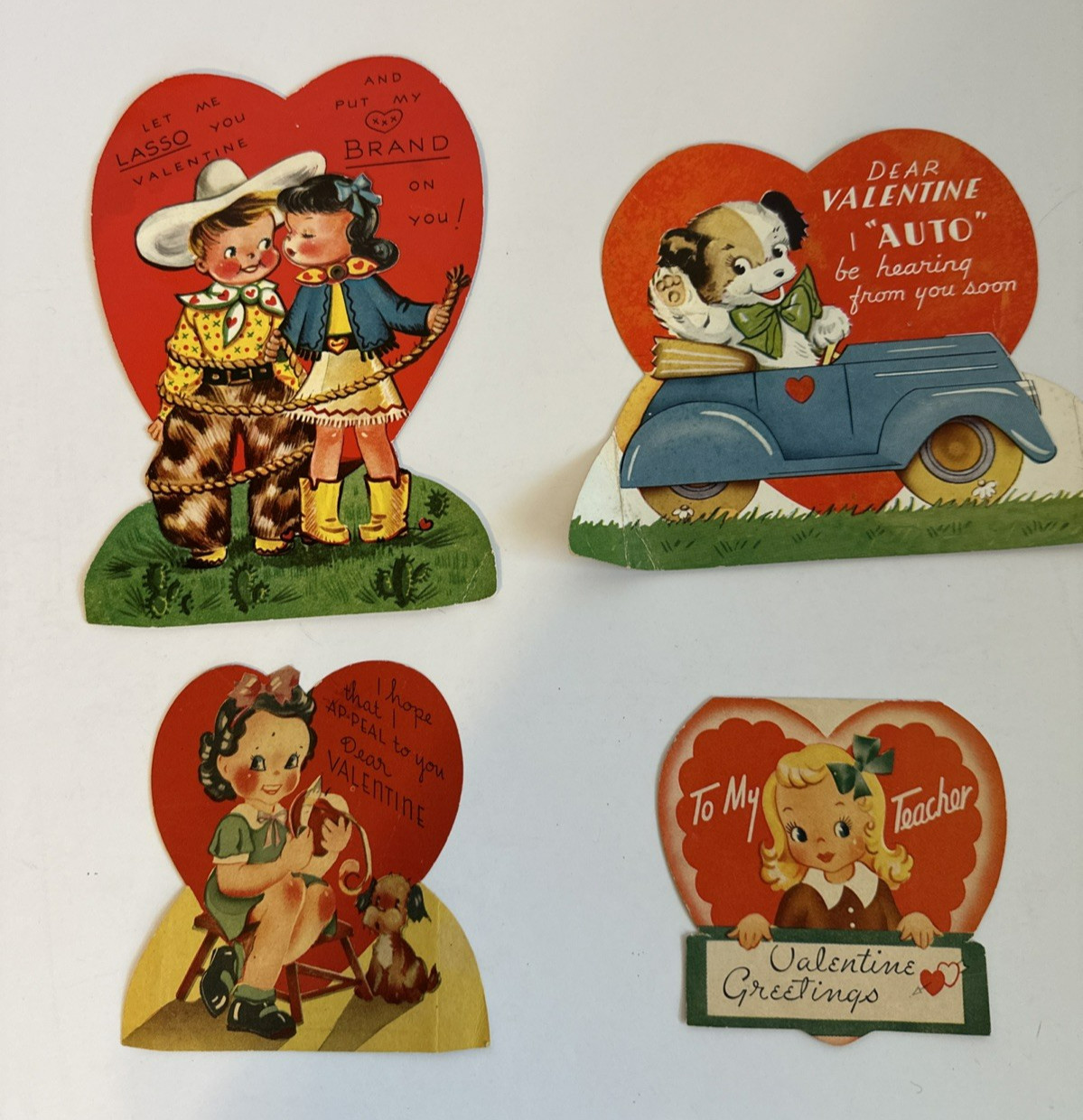 Lot of Four Vintage A-Meri-Card Die-Cut Valentines – Cowboy Girls head moves